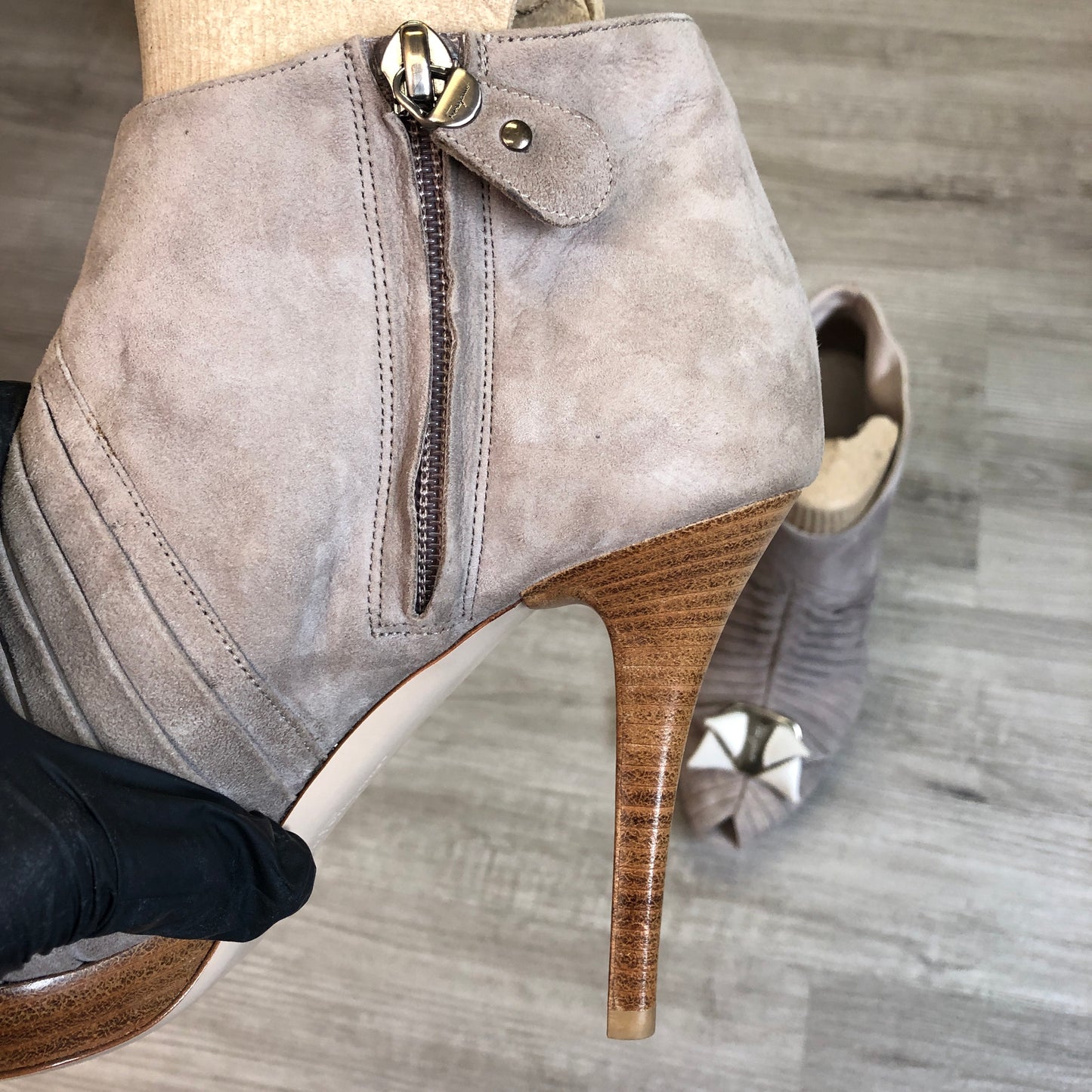 Salvatore Ferragamo Nude Suede Peep Toe Ankle Booties Size 6.5