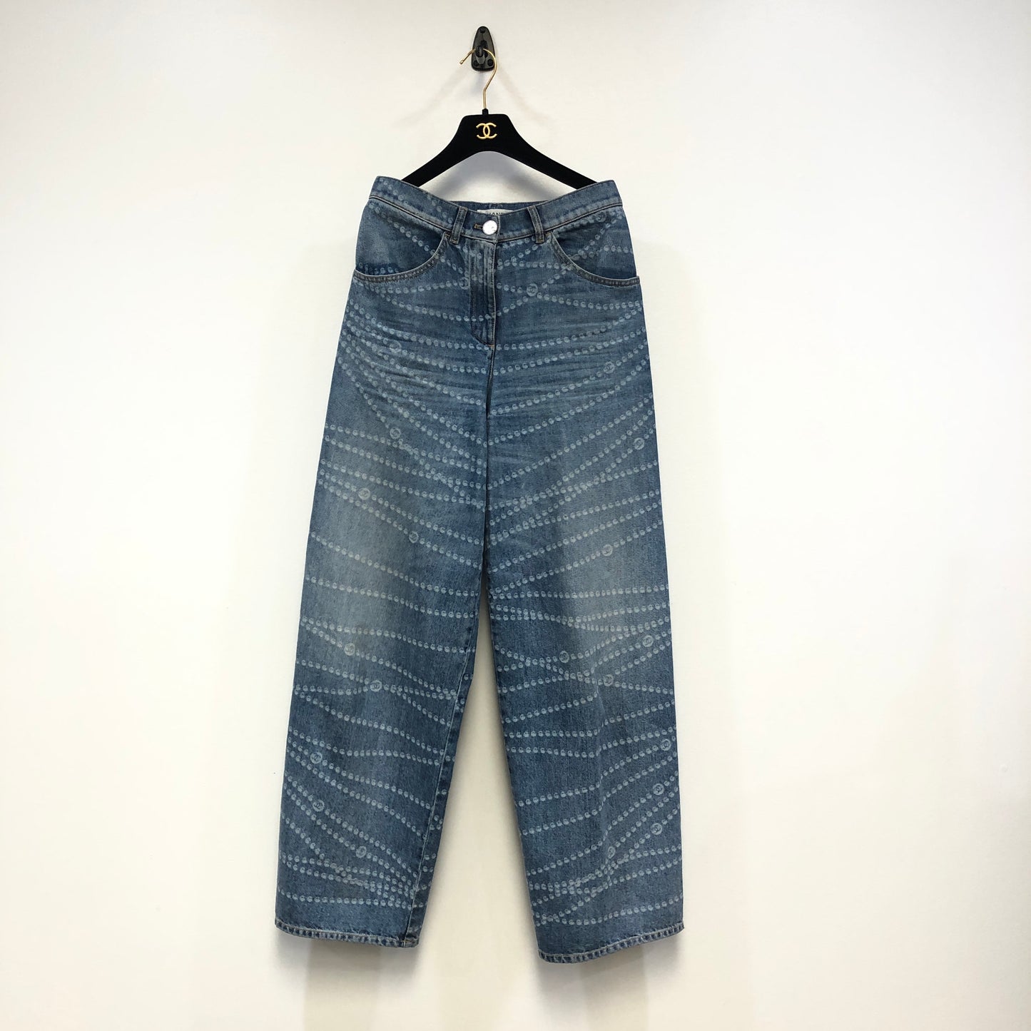 Chanel Denim Blue Straight Leg Denim Pants Stitched CC Pattern Size 36