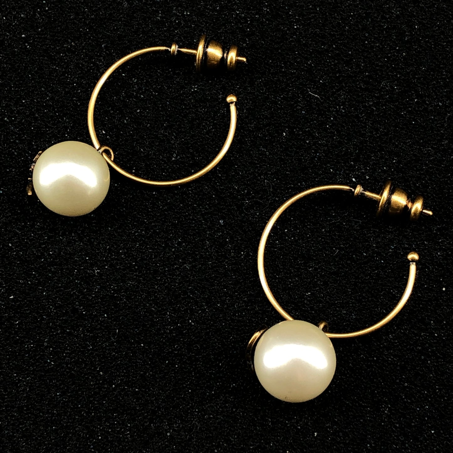 Christian Dior Gold Metal CD Logo Pearl Hoop Earrings