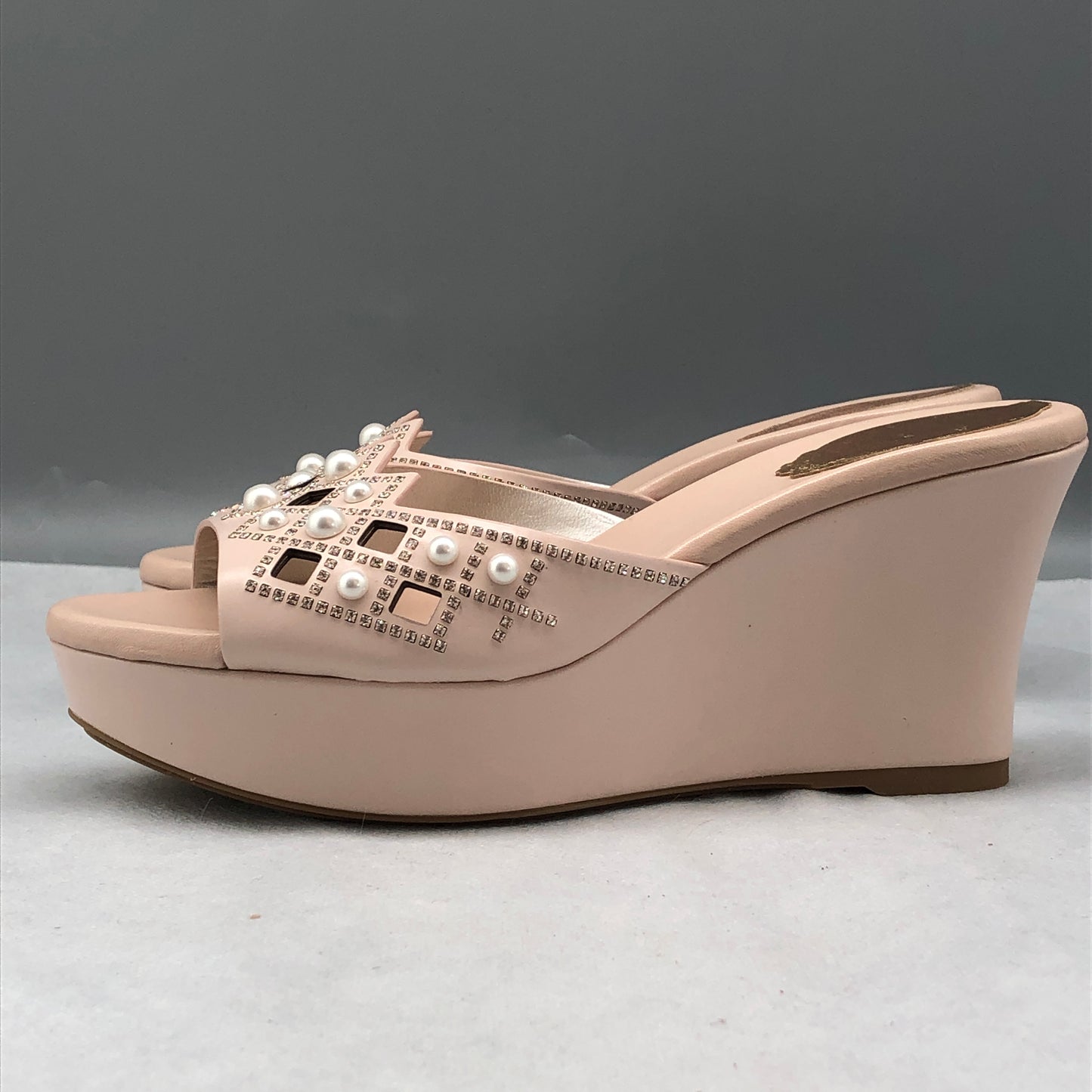 Rene Caovilla Blush Pink Pearl-Embellished Wedge Mules Size 35