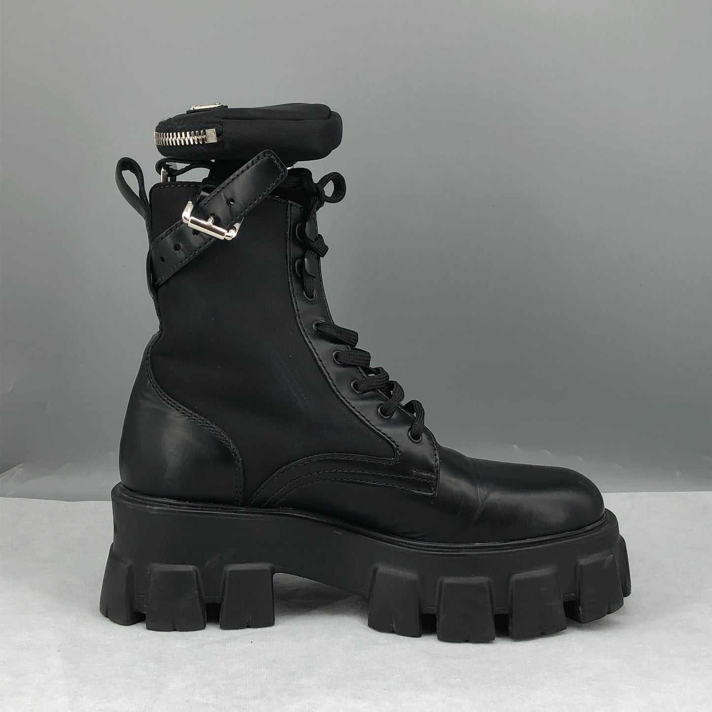 Prada Women's Re-Nylon Leather Combat Ankle Boots Size 36.5 Black