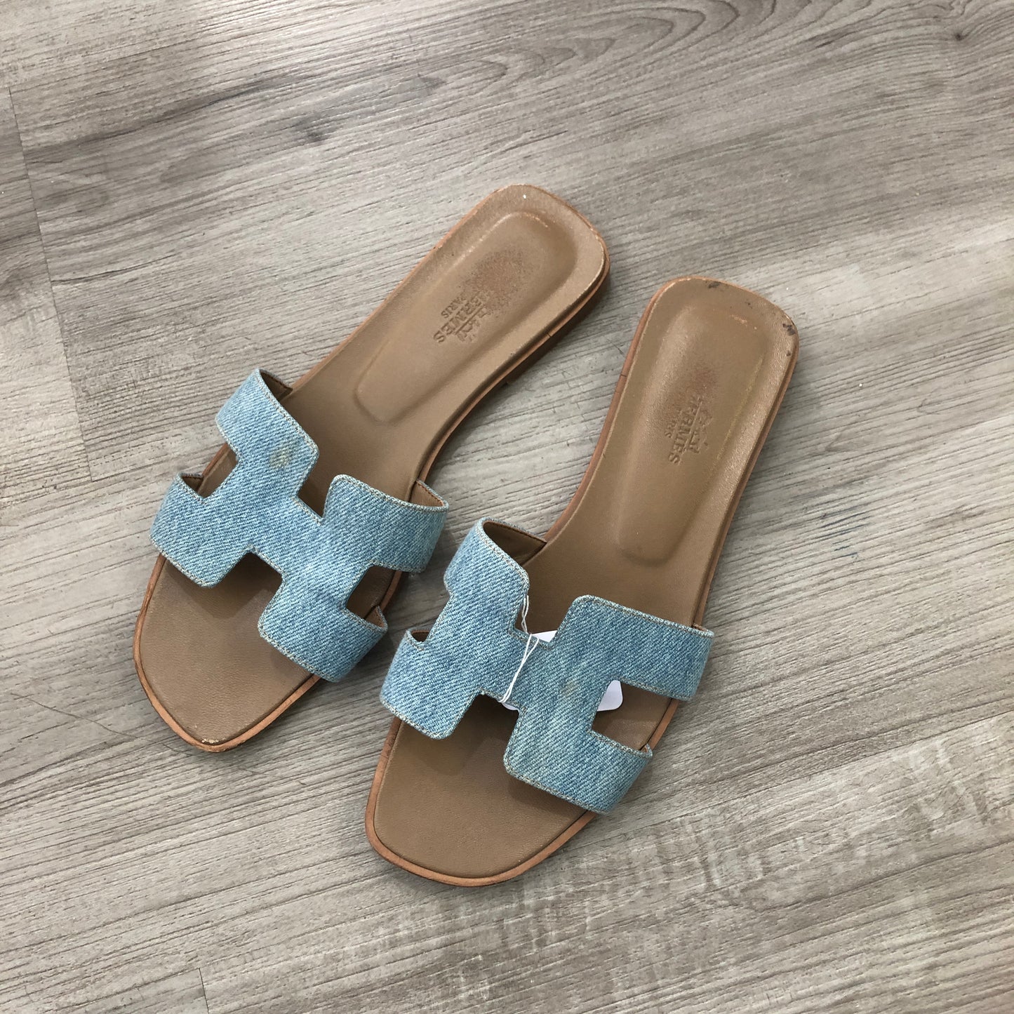 Hermes Women's Oran Denim Slide Sandals Size 38 Blue Denim