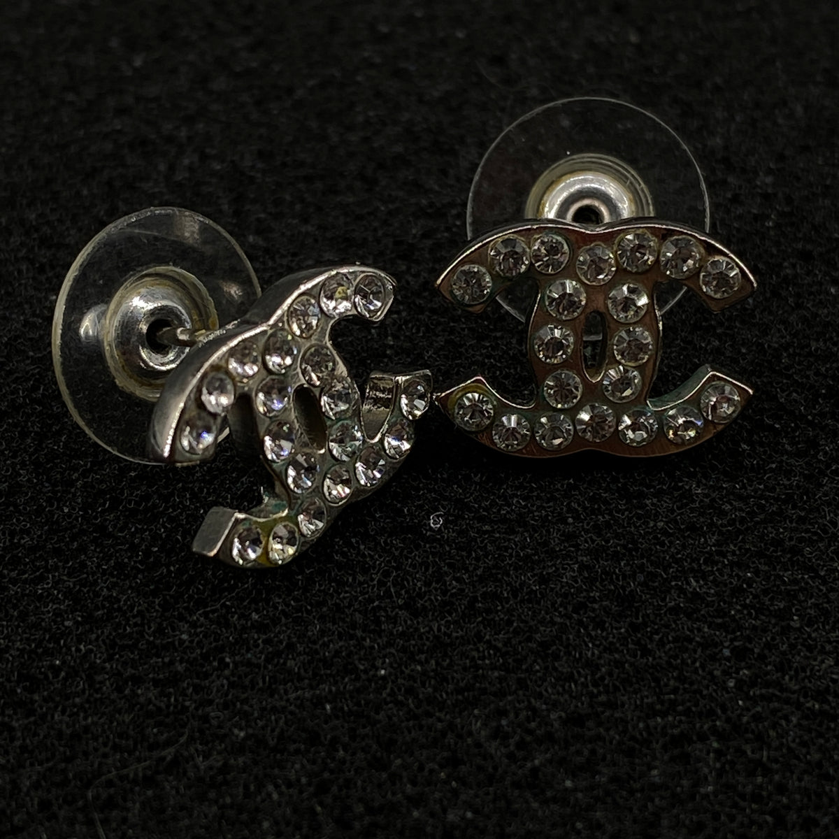 Chanel Silver Tone CC Crystal Stud Earrings