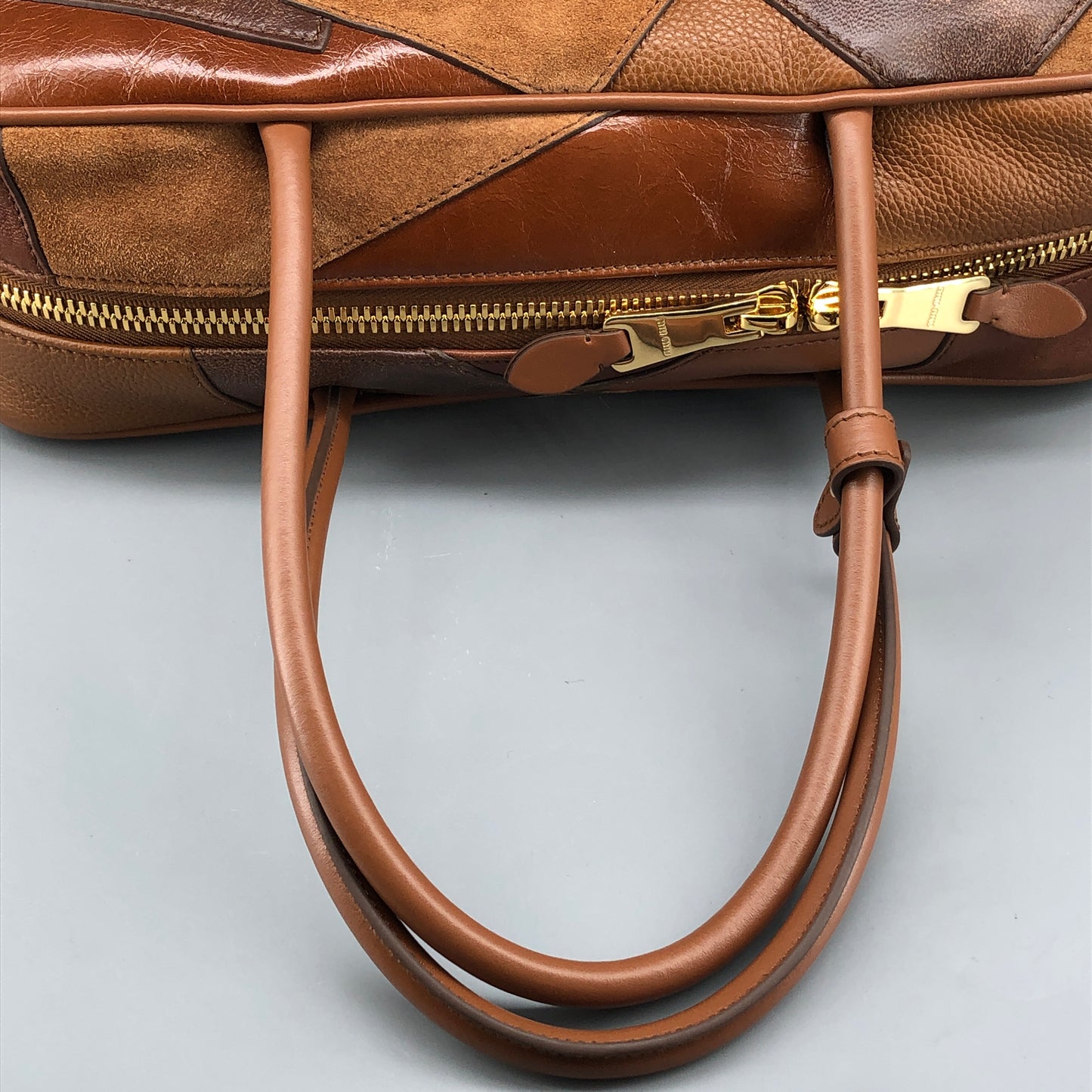 Miu Miu Nappa Patchwork Medium Beau Top Handle Bag Cognac