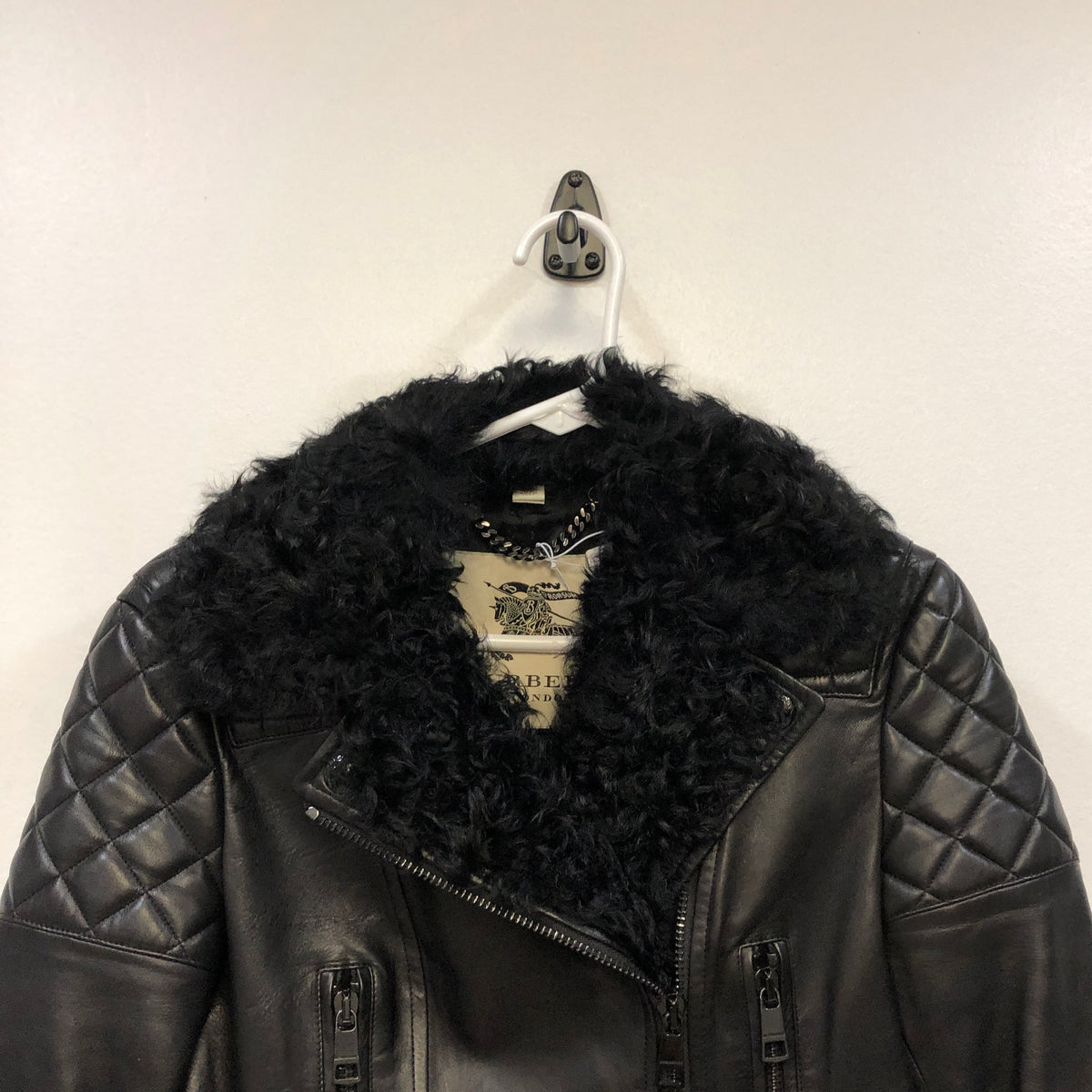 Burberry Black Shearling Collar Leather Biker Jacket US size 4