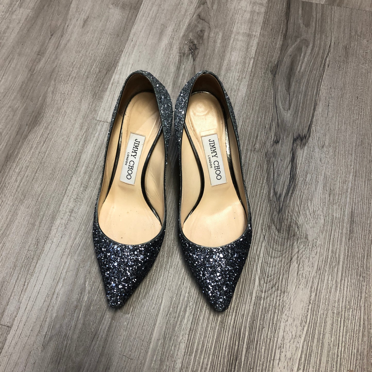 Jimmy Choo Women's Metallic Silver Glitter Pointed Toe Stiletto Pumps Shoes 35.5