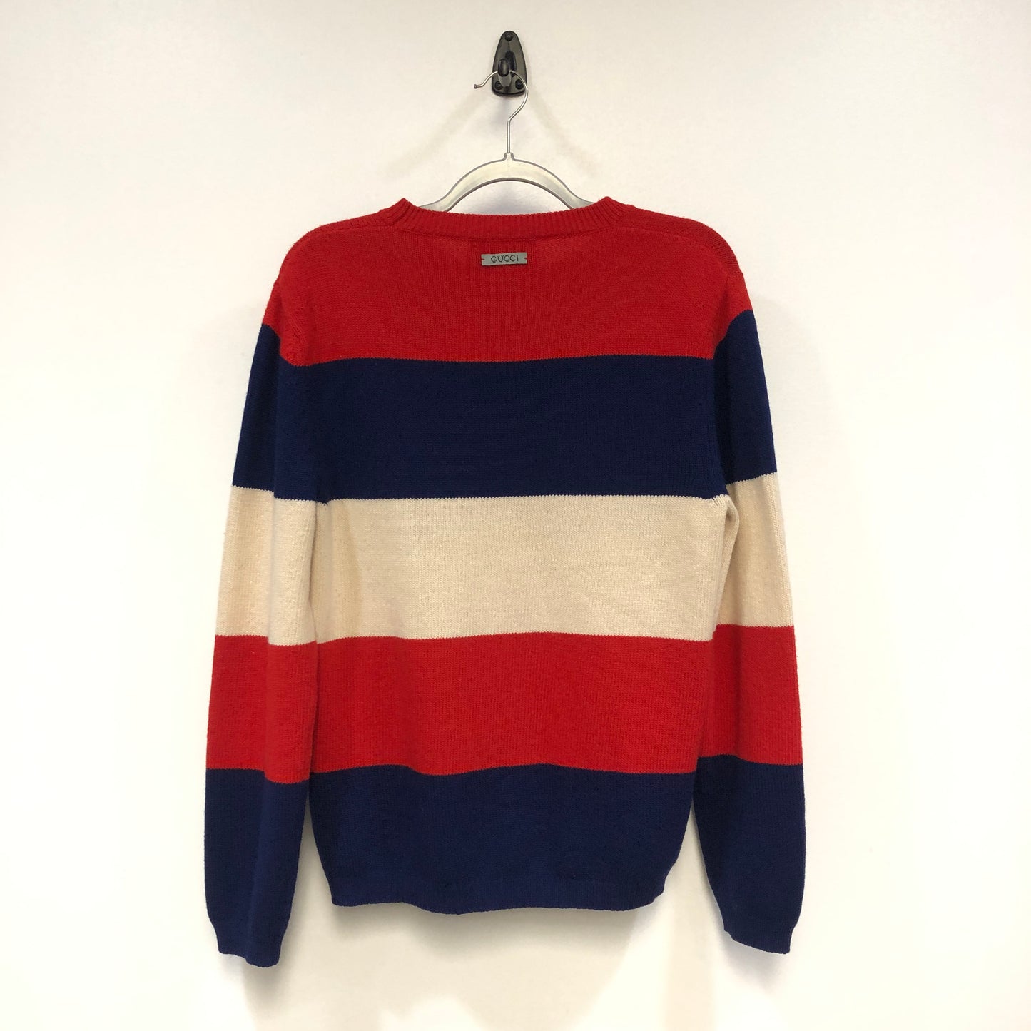 Gucci Red Blue Beige Striped Black Panther Crewneck Knit Sweater Size S