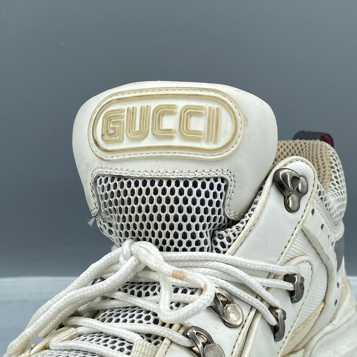 Gucci Women‘s Cream Leather Mesh Lace Up Sneaker Shoes Size 38