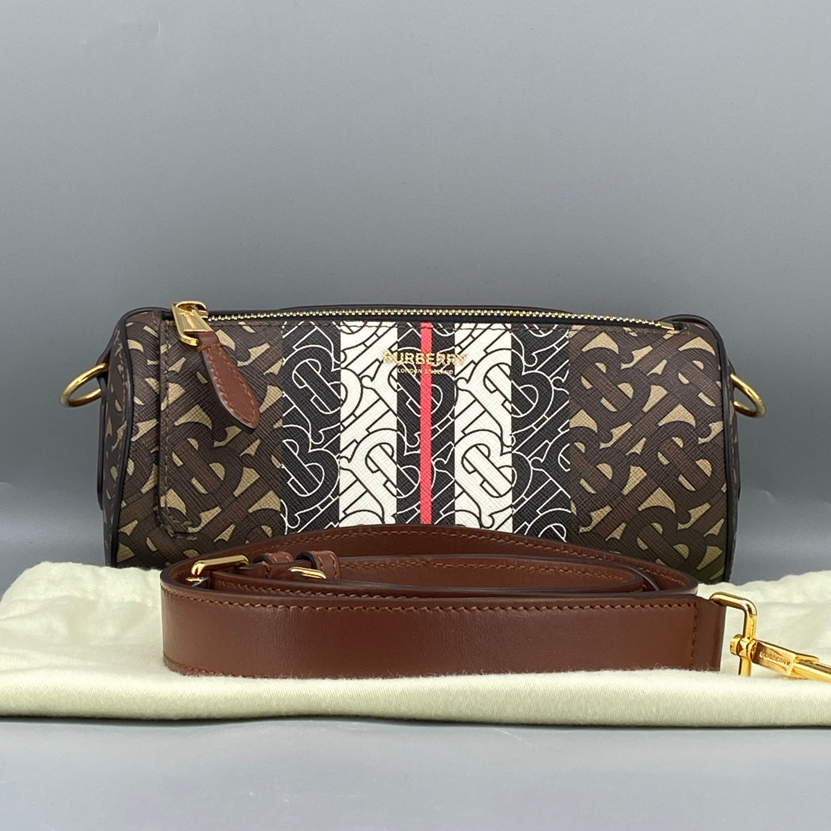 Burberry Brown Monogram Stripe Cylinder Crossbody Bag