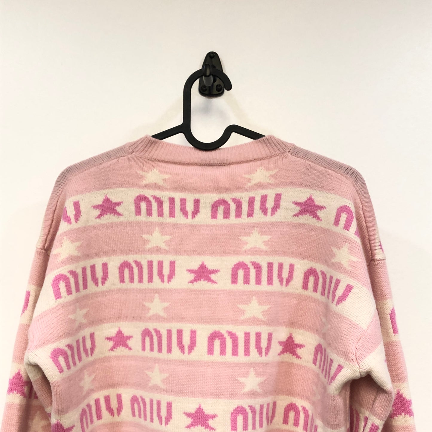 Miu Miu Pink White Star Logo Stripe Knit Sweater Size 36