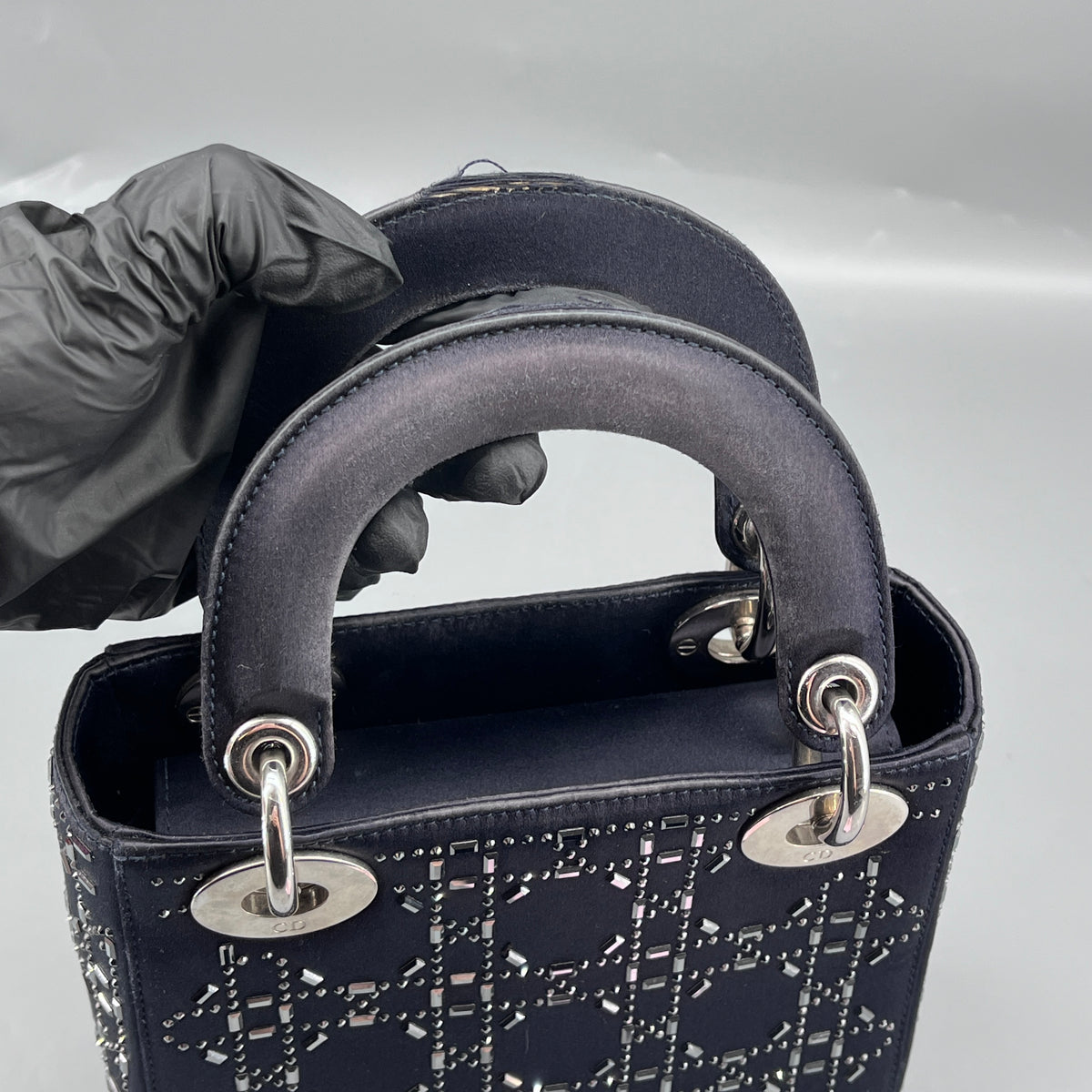 Christian Dior Navy Blue Satin Beaded Lady Dior Handbag