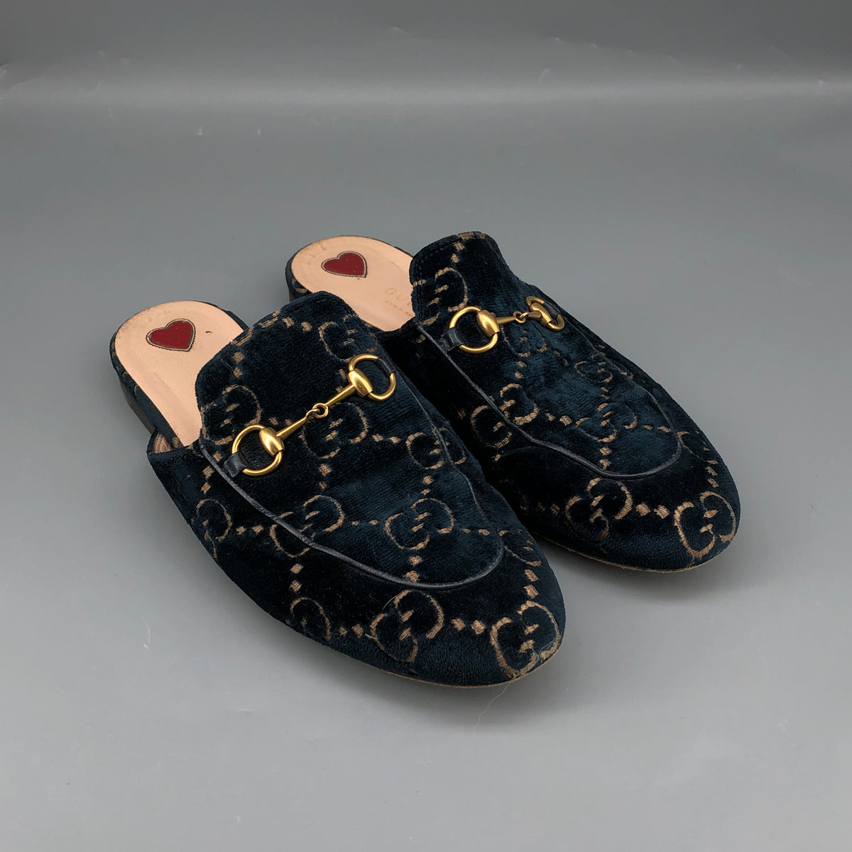 Gucci Navy Blue GG Velvet Women's Mules Shoes Size 38