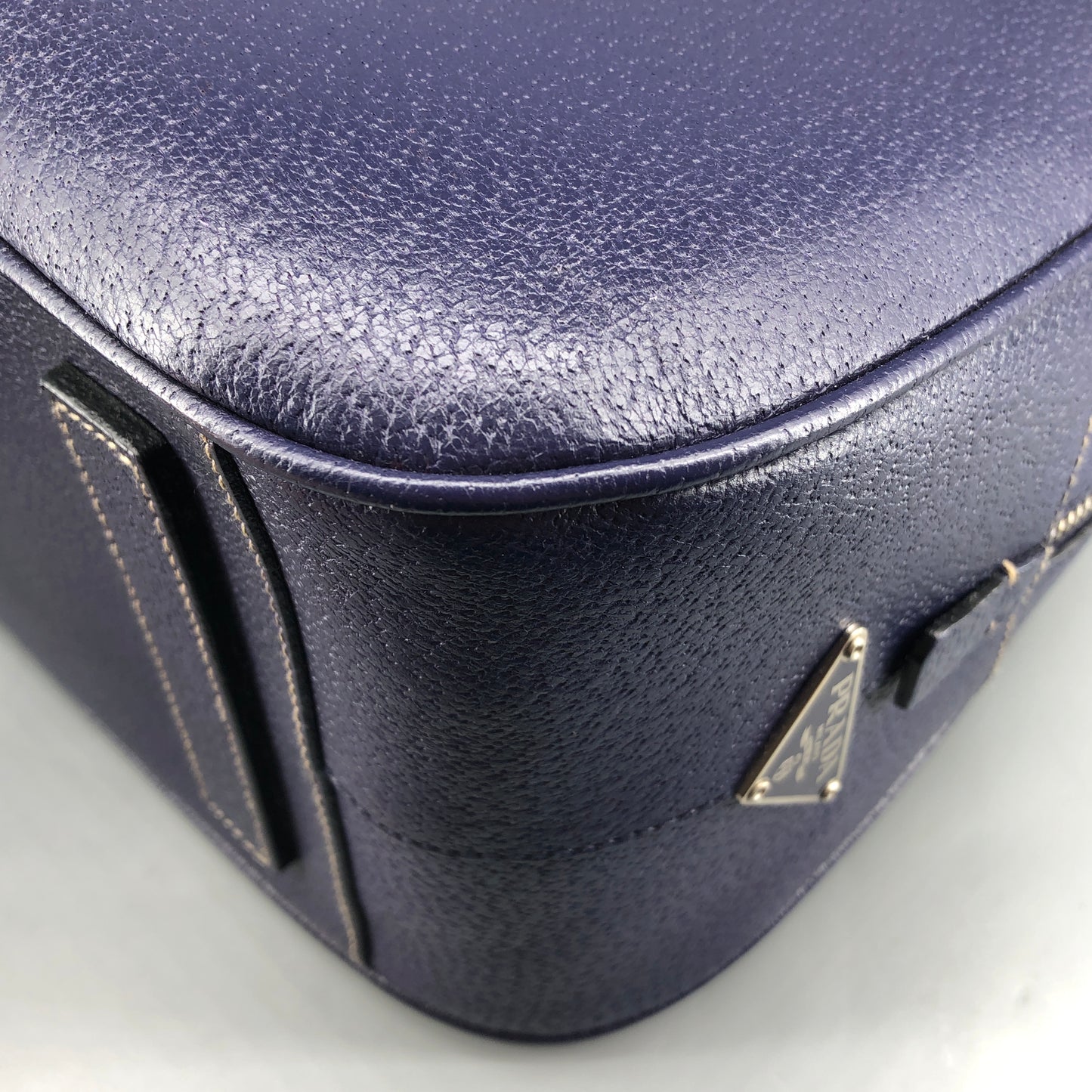 Prada Bauletto Medium Pebbled Leather Handbag  Ink Blue