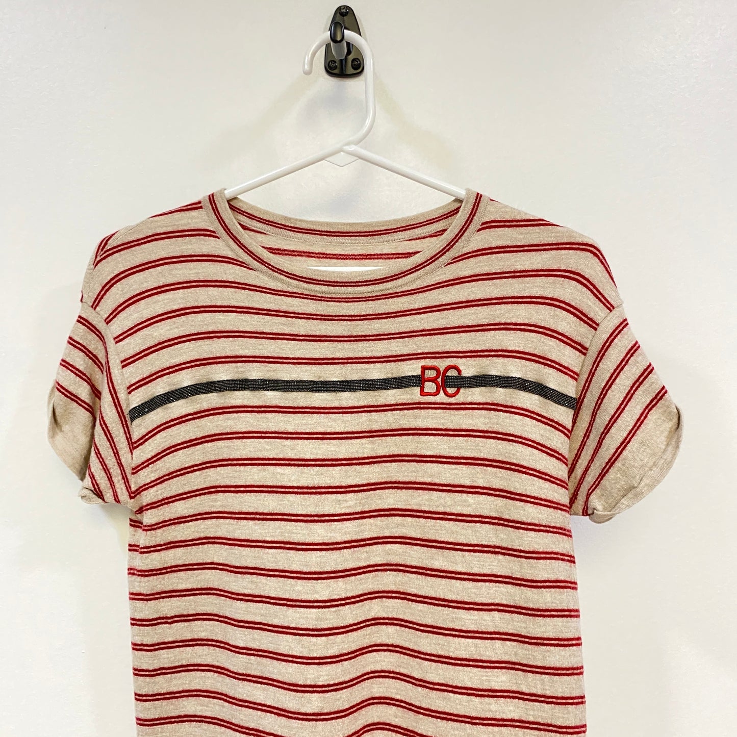 Brunello Cucinelli Grey Red Striped Short Sleeve Knit Top Size S