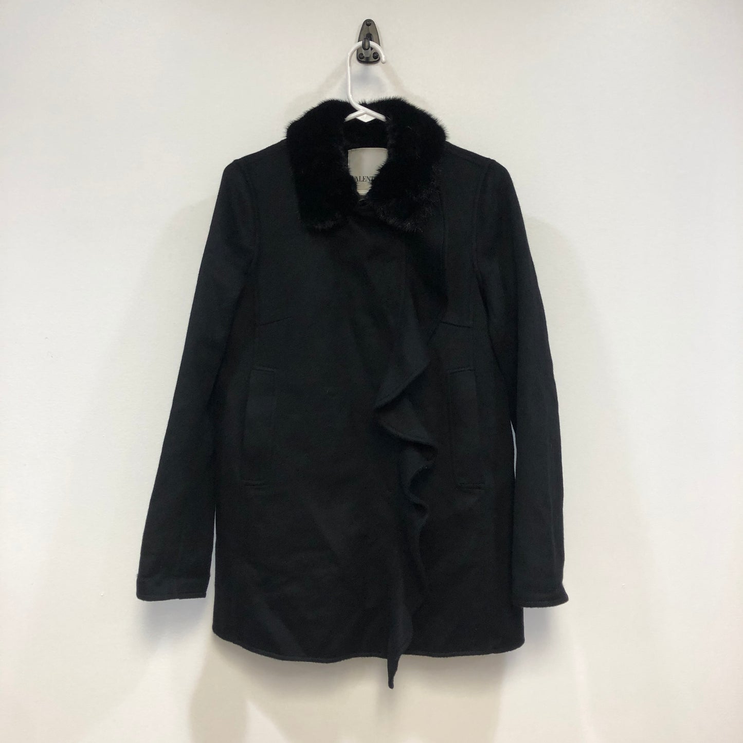 Valentino Black Fur Collar Ruffle Coat Size 40