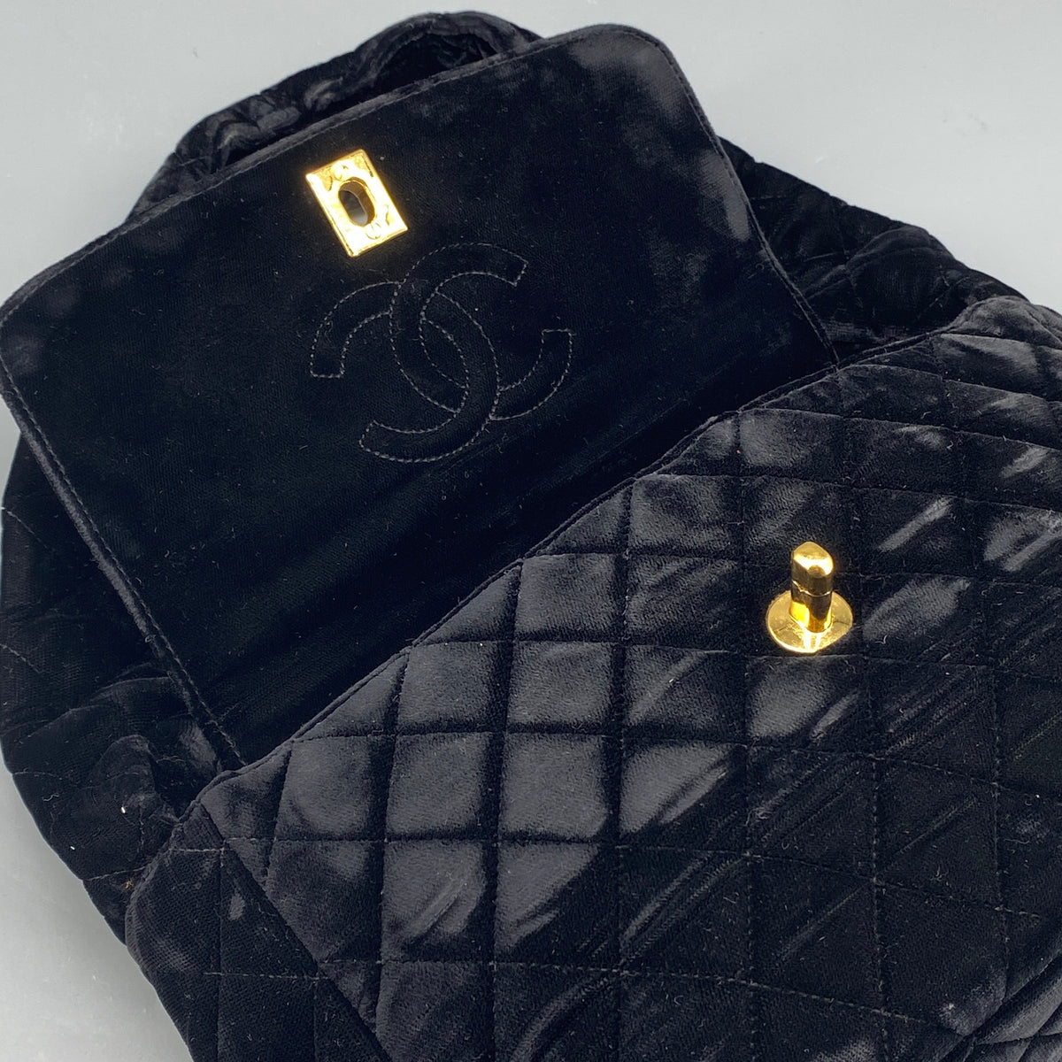 Chanel Vintage Black Velvet Quilted Shoulder Bag