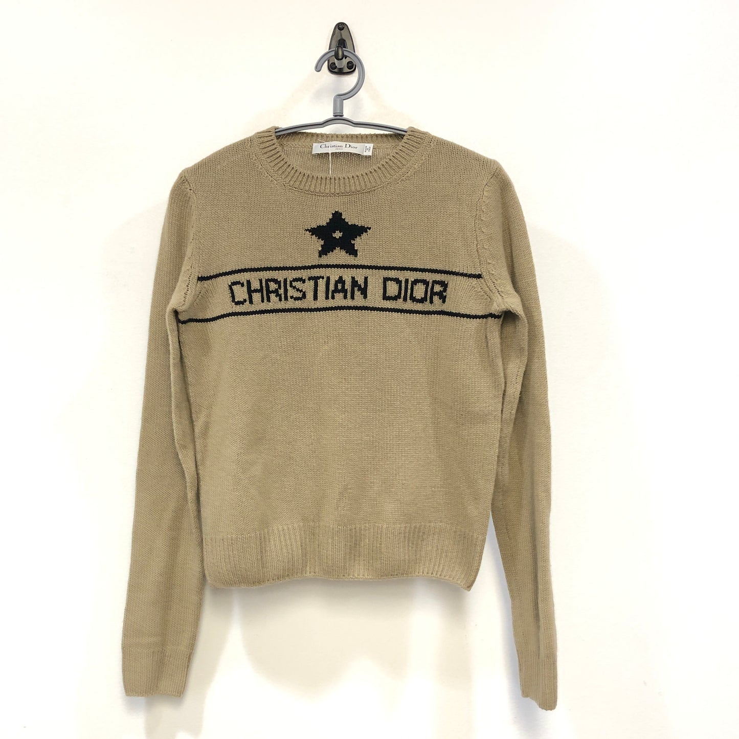 Christian Dior Beige Fine Knit Star Logo Crew Neck Sweater Size USA2