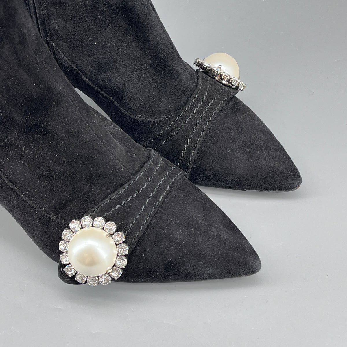 Miu Miu Women Black Suede Pearl Crystal Pointed Ankle Boots size 36