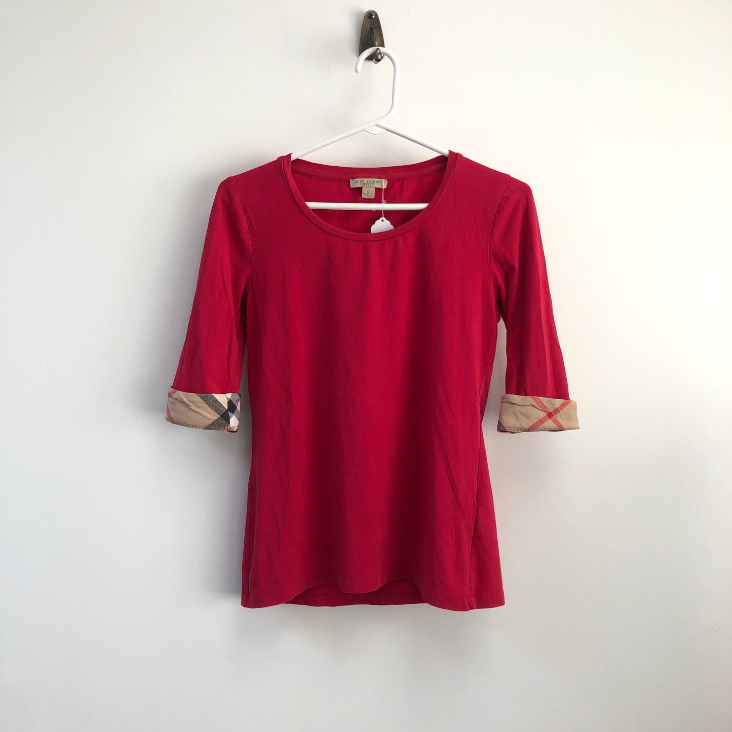 Burberry Classic Check Cuff Red Jersey Half Sleeve Top Size S