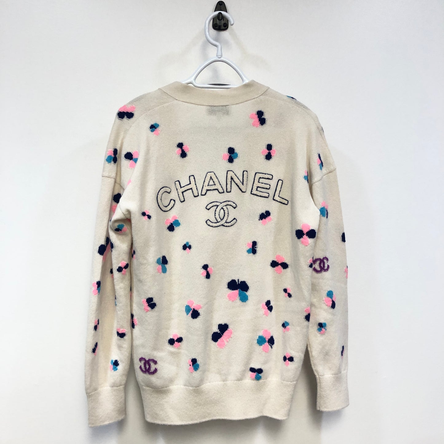 Chanel White Cashmere V-Neck Cardigan Multicolor Polka Dot Print Size 34