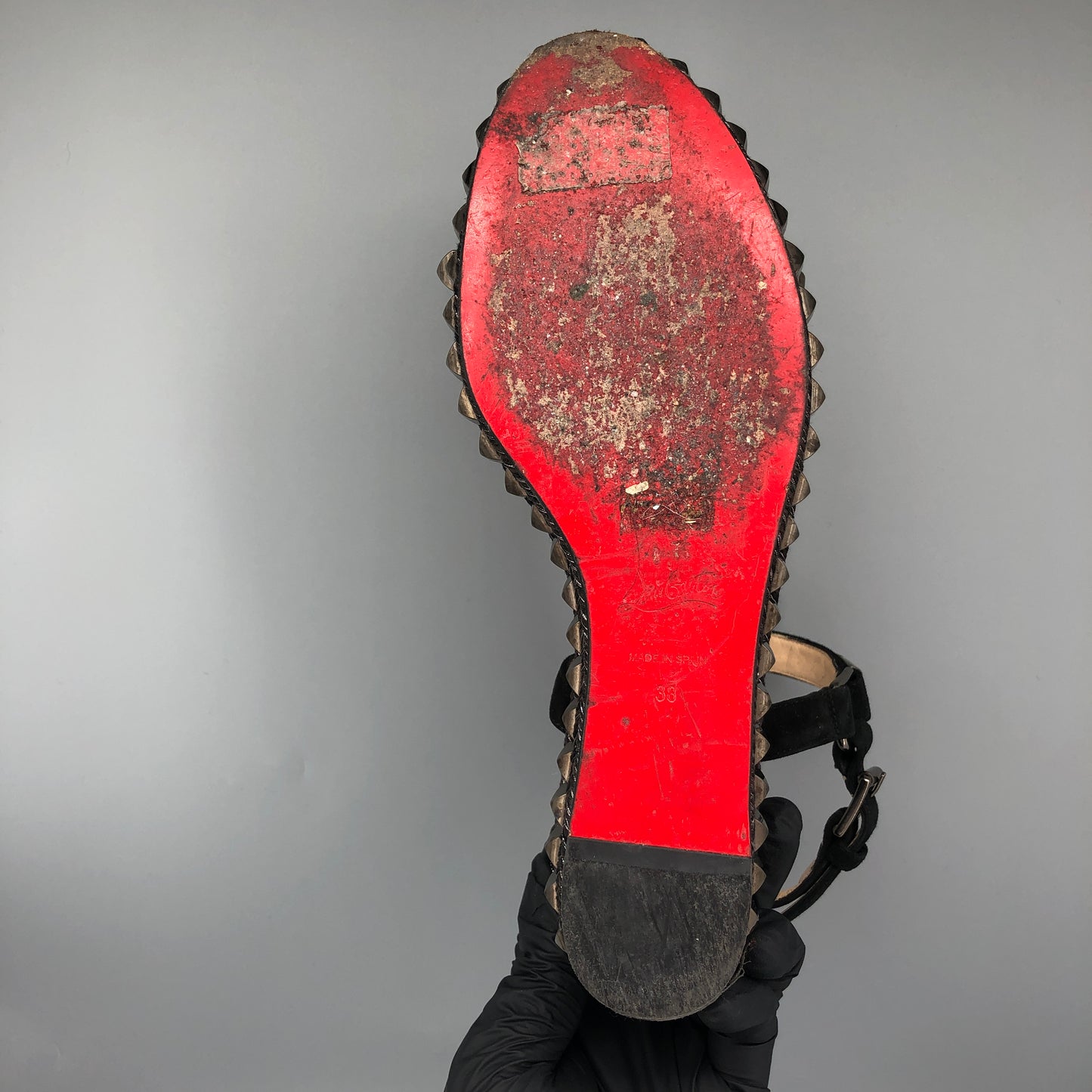 Christian Louboutin Women's Spiked Suede Platform Ankle Strap Sandals Size 38 Black