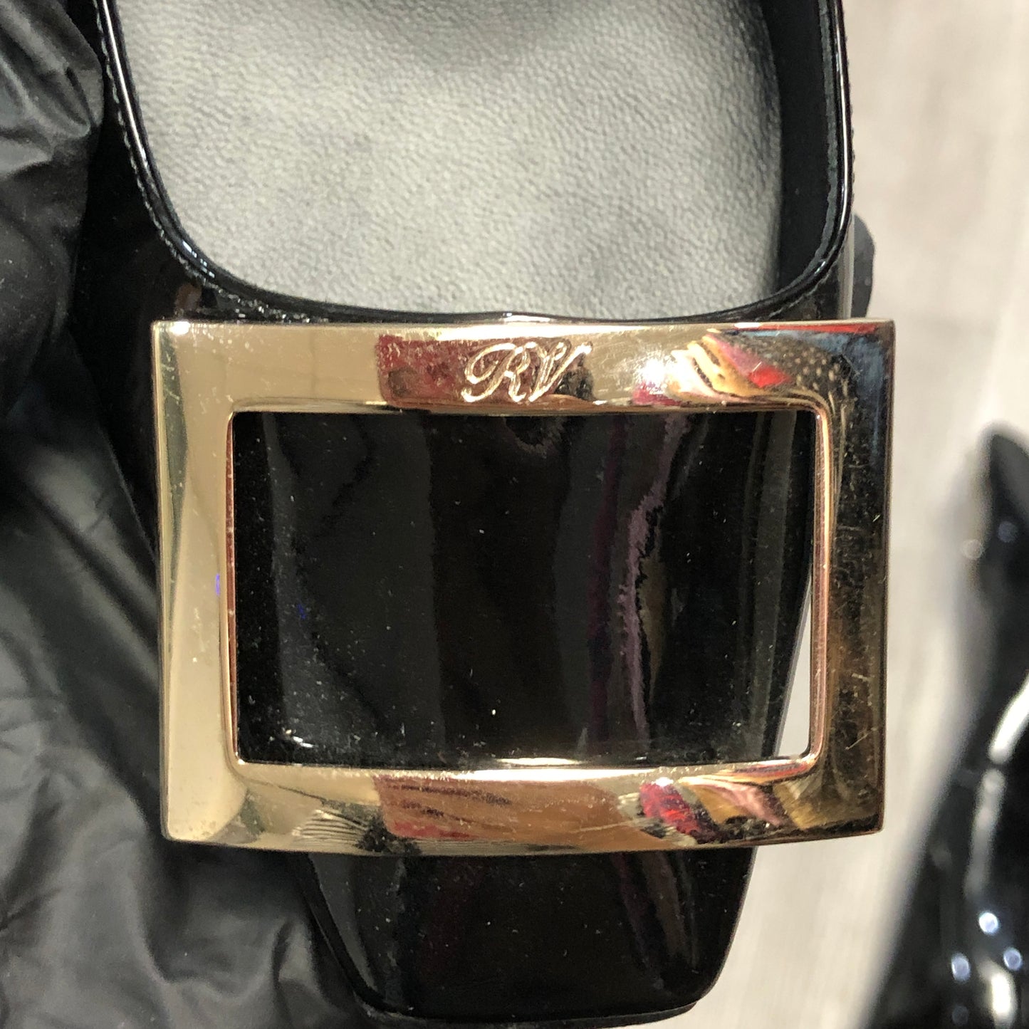 Roger Vivier Patent Leather Square Buckle Block Heel Pumps Shoes 36.5 Black