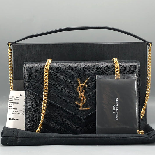 Saint Laurent Envelope Chevron Grain Leather Chain Shoulder Bag Black