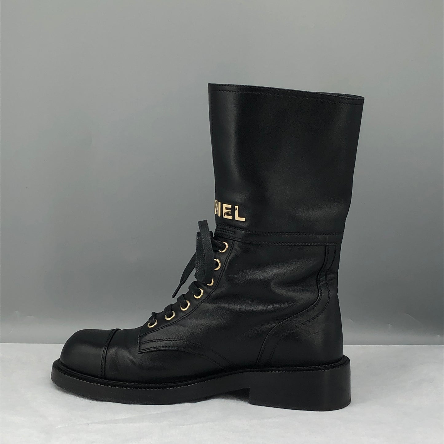 Chanel Women's Leather Lace-Up Mid Calf Boots Size 37 Black
