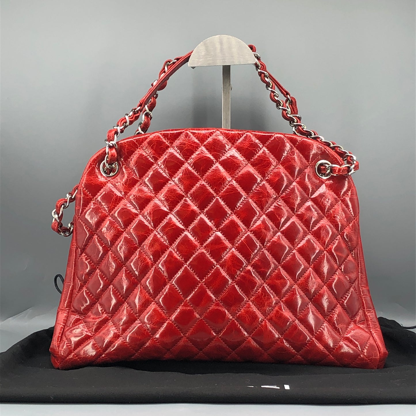 Chanel Just Mademoiselle Quilted Patent Leather Bowling Shoulder Bag Cherry Red