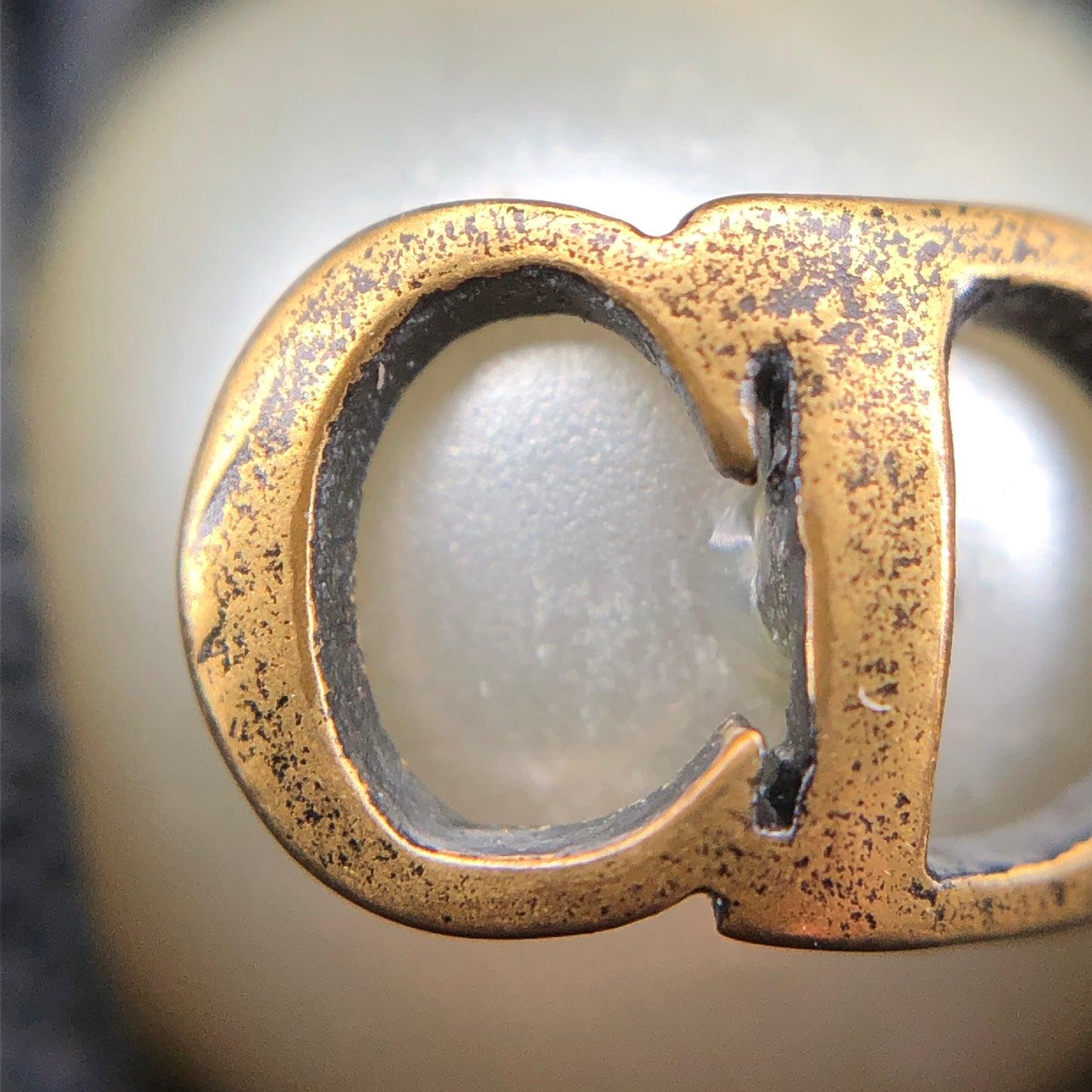 Christian Dior Gold Metal CD Logo Pearl Hoop Earrings