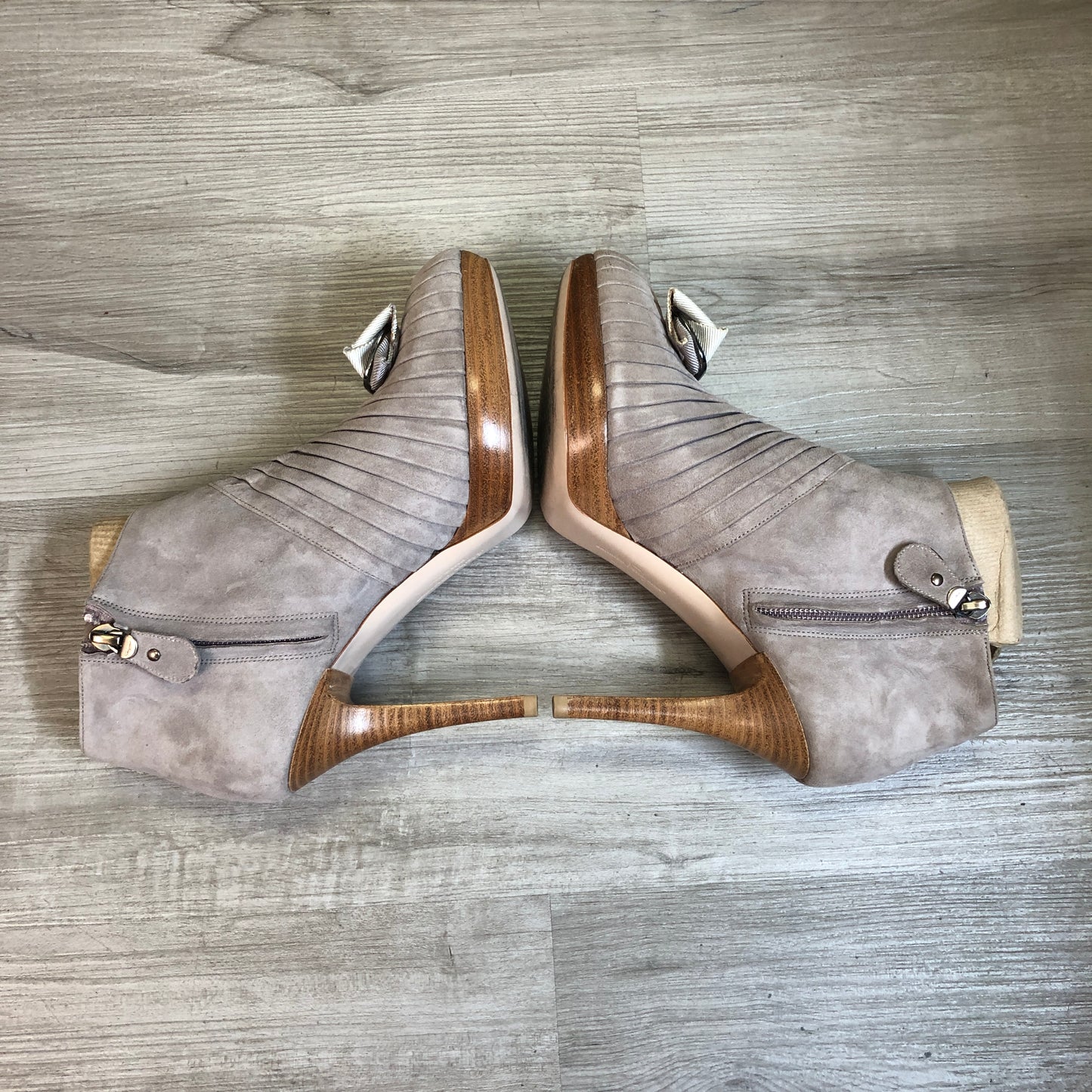 Salvatore Ferragamo Nude Suede Peep Toe Ankle Booties Size 6.5