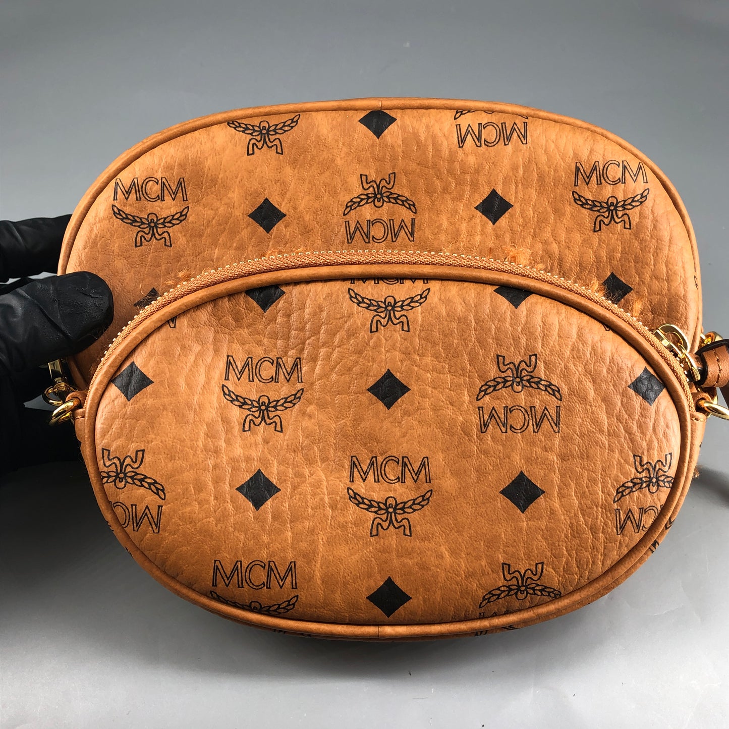 MCM Visetos Shearling Trim Oval Crossbody Camera Bag  Caramel