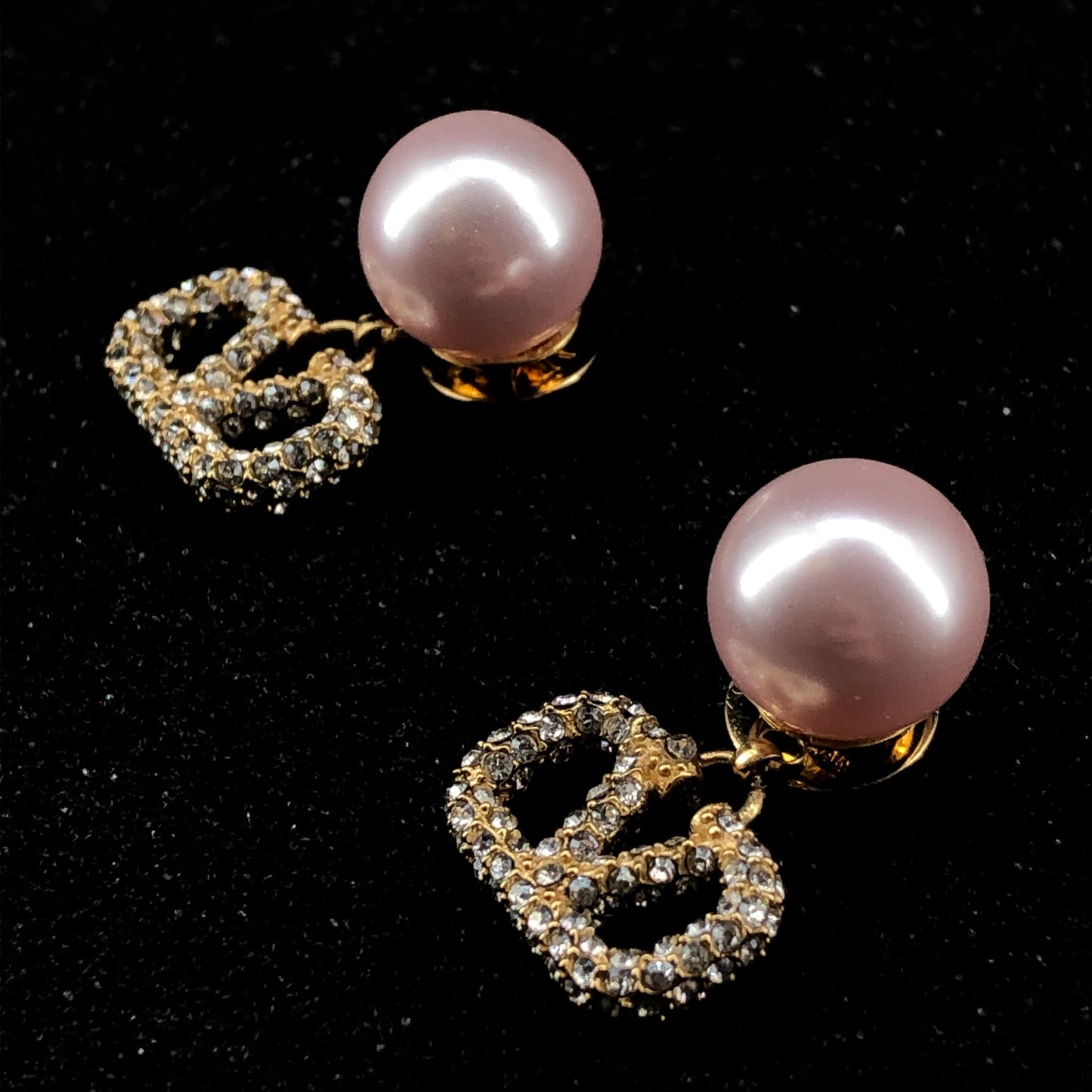 Valentino V Logo Crystal Pink Pearl Drop Stud Earrings Gold Tone