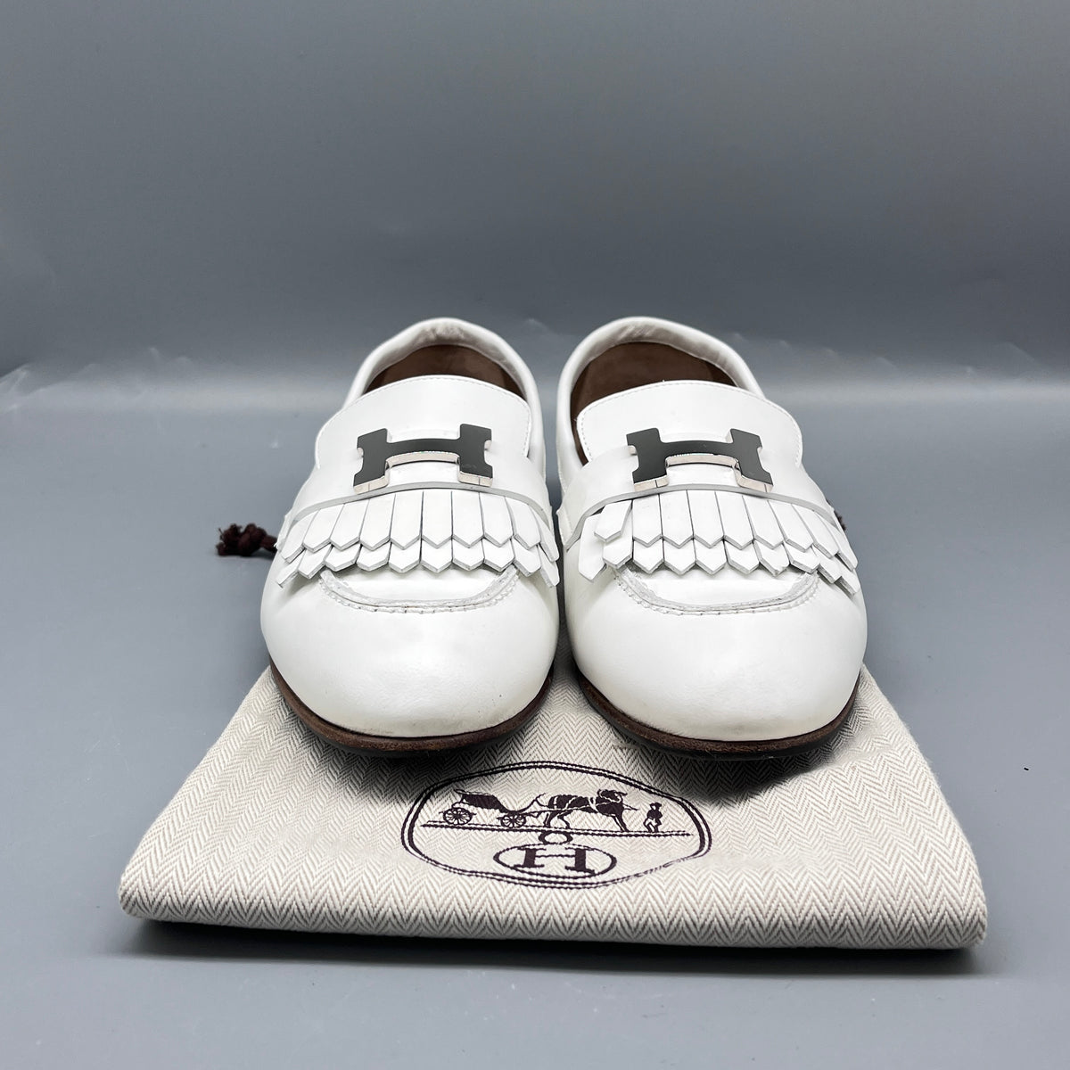 Hermes White Leather Women Fringe Loafers Size 36.5
