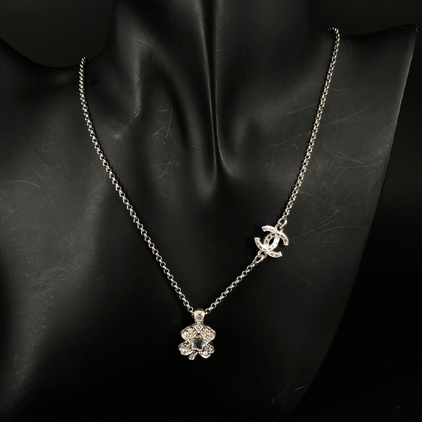 Chanel 2025 CC Crystal Clover Necklace 54cm Silver-Tone