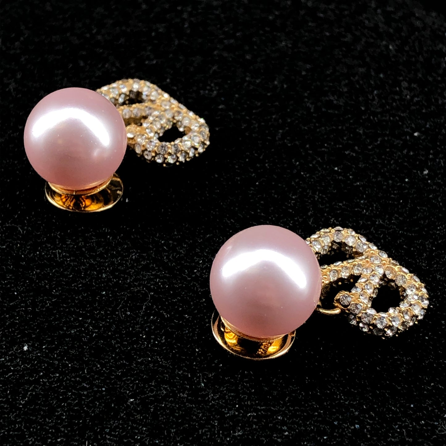 Valentino V Logo Crystal Pink Pearl Drop Stud Earrings Gold Tone