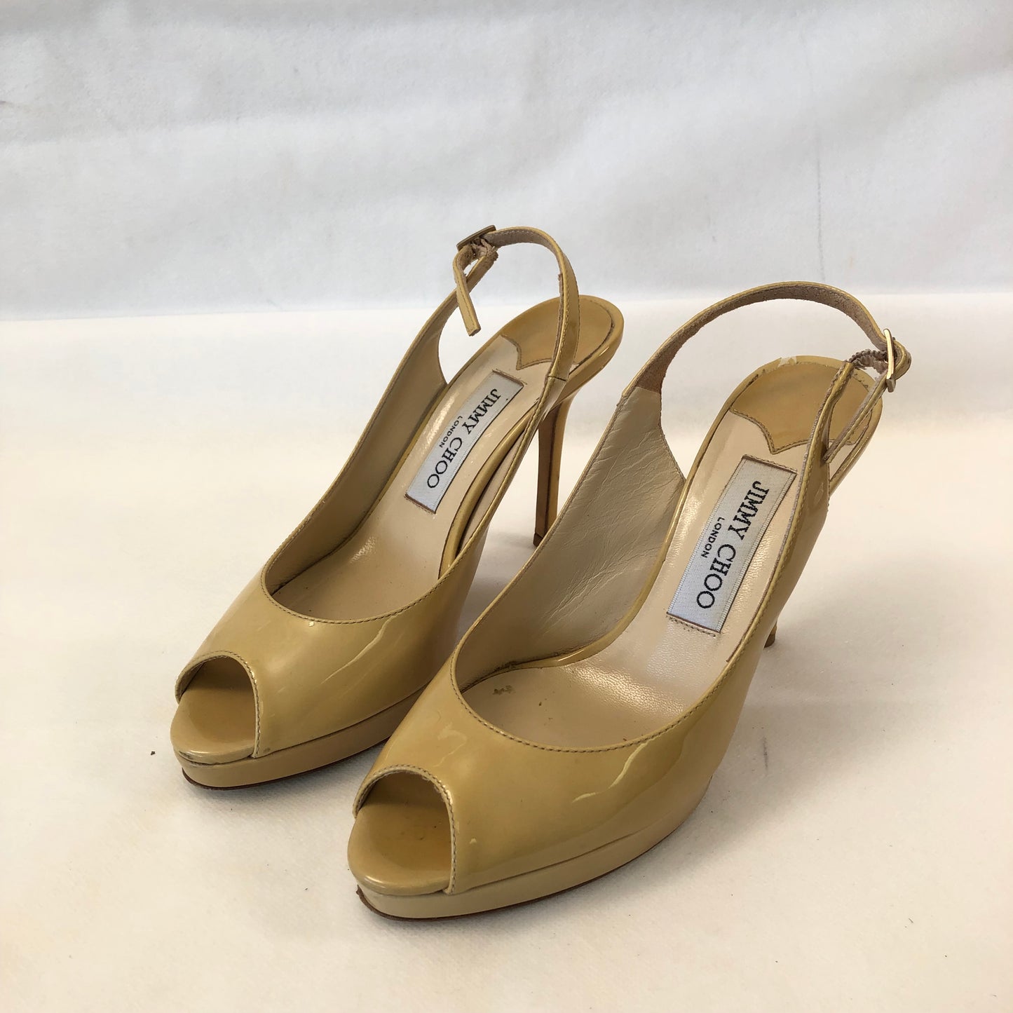 Jimmy Choo Patent Leather Peep Toe Slingback Shoes 36.5 Nude Women