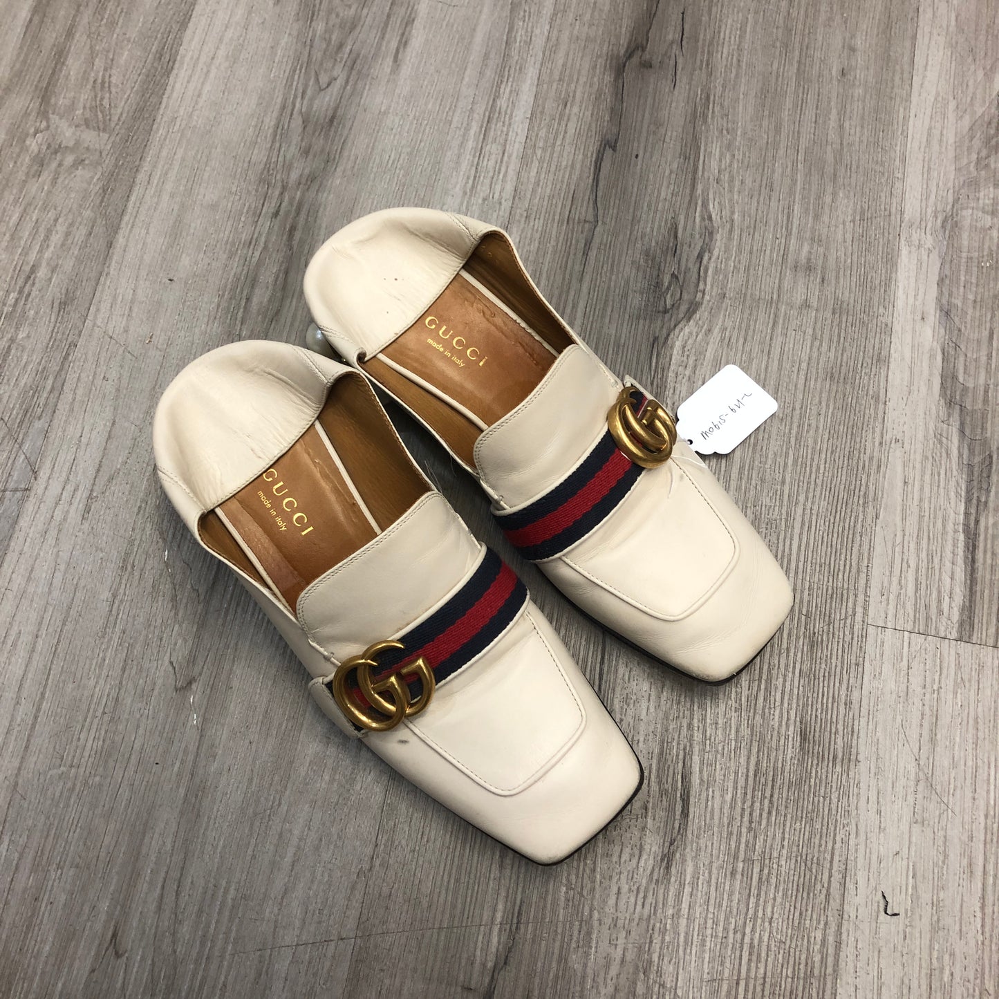 Gucci Women's Web Stripe Pearl Heel Mule Slip On Loafer Shoes 36.5 Cream Red Green