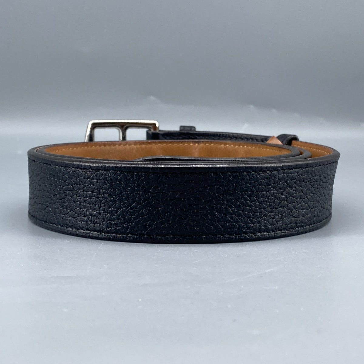 Hermes Black & Tan Leather Etriviere Belt Silver Buckle