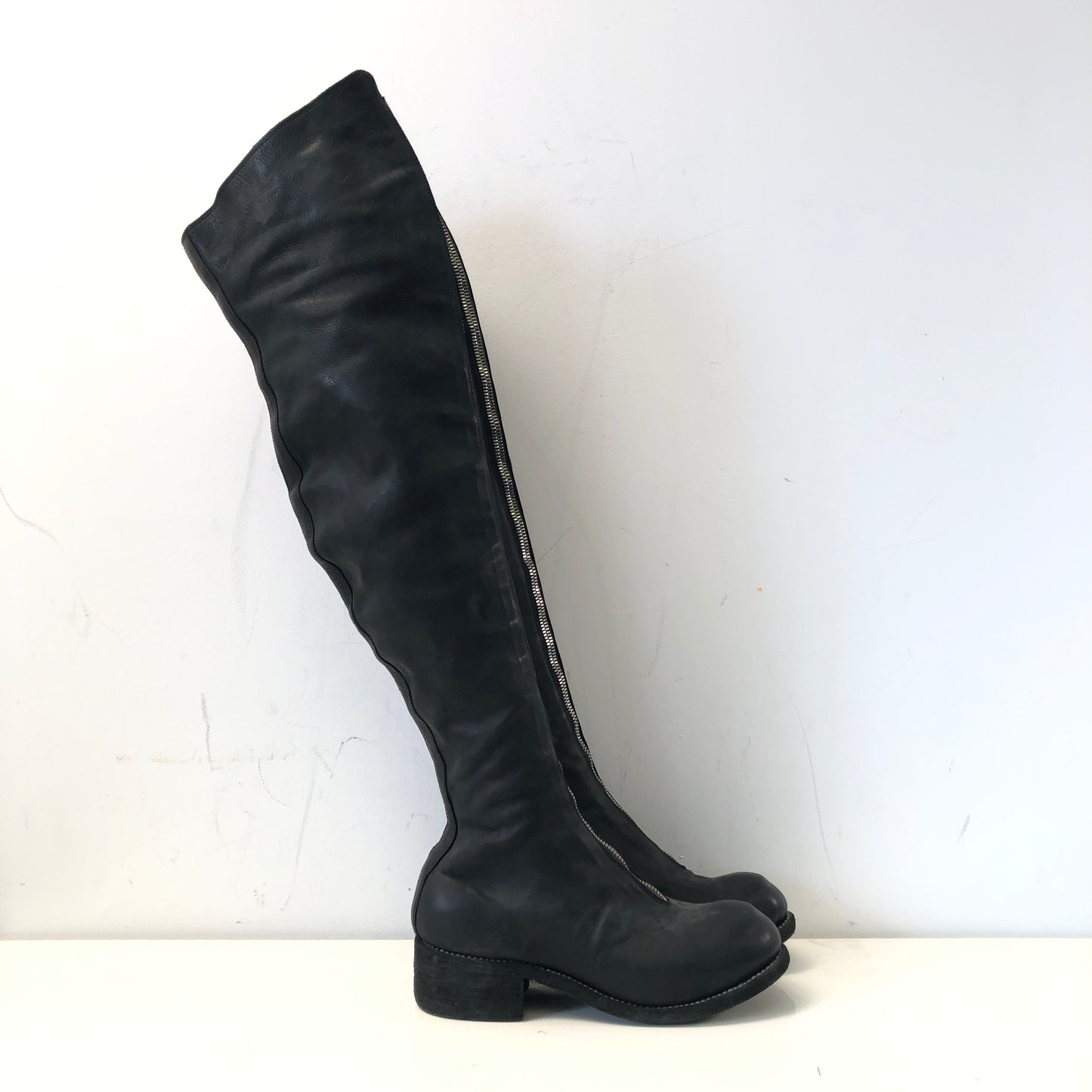 Guidi Black Horse Leather Over-the-Knee Front-Zip Boots Size 37.5