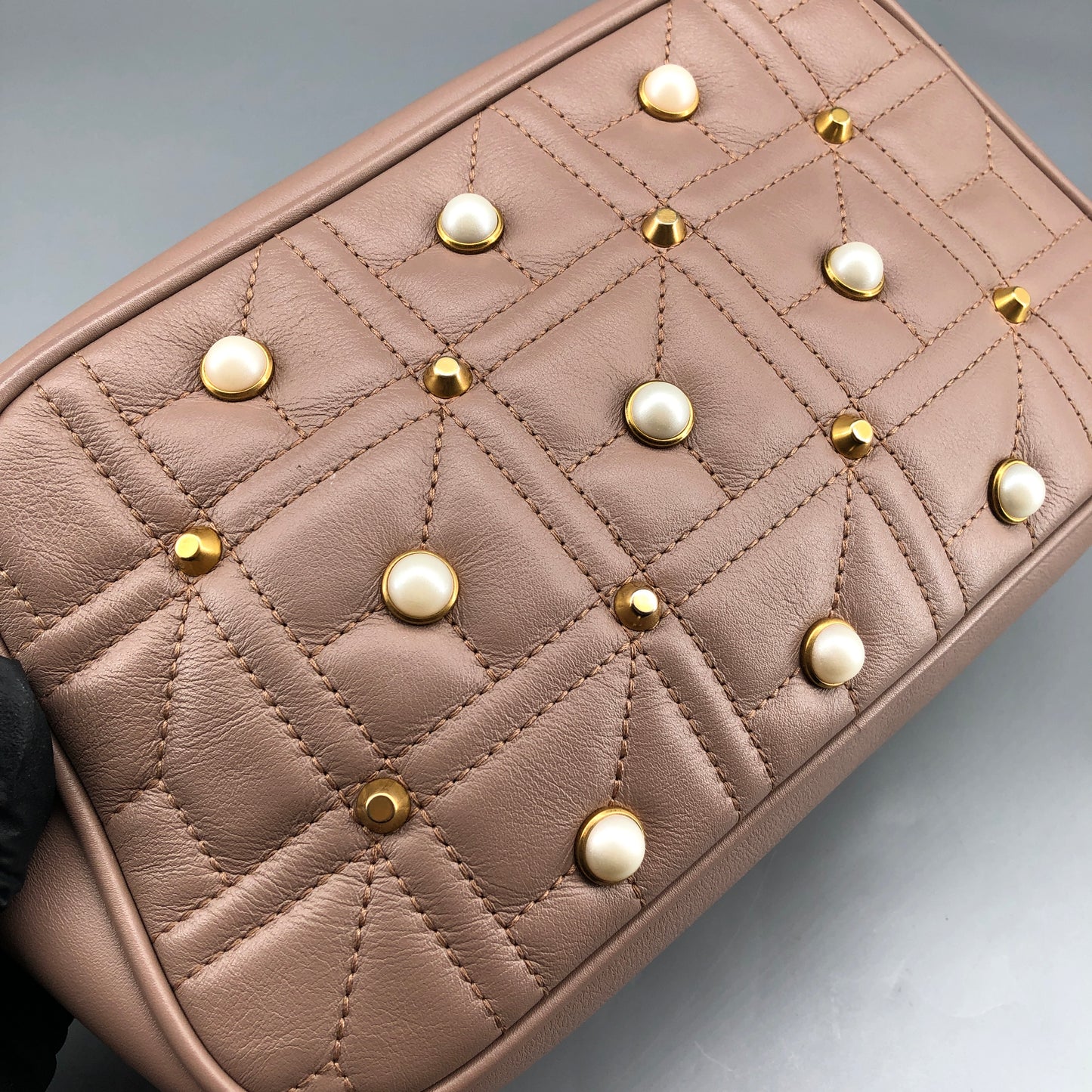Gucci Dirty Pink Quilted Pearl GG Camera Crossbody Bag
