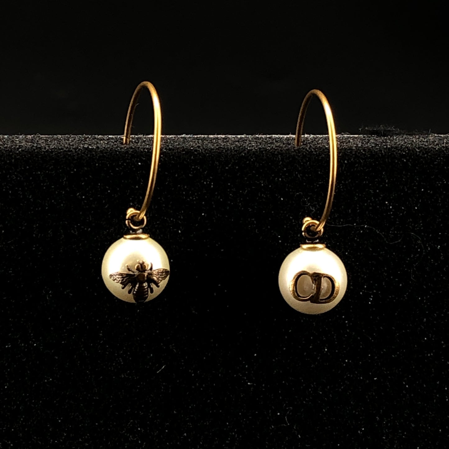 Christian Dior Gold Metal CD Logo Pearl Hoop Earrings