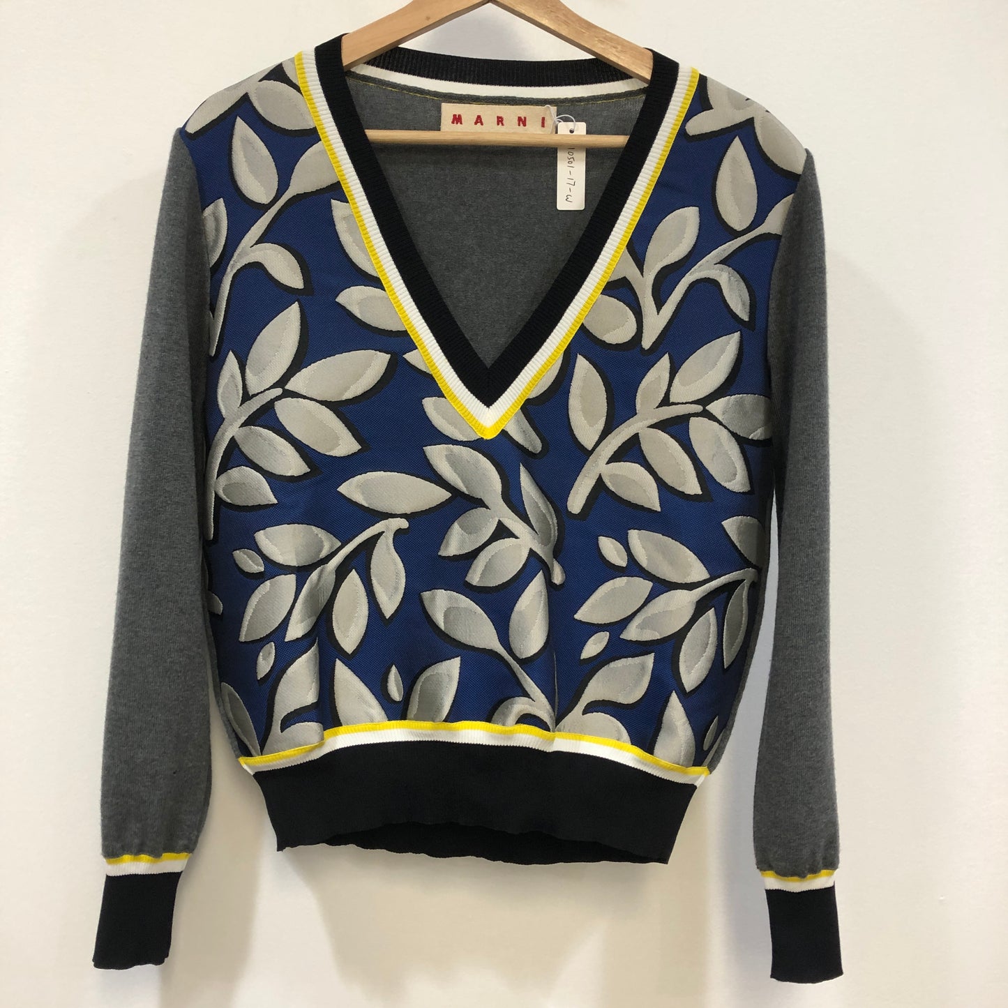 Marni Leaf Pattern V-Neck Knit Sweater Size 38 Grey/Blue/Yellow/White