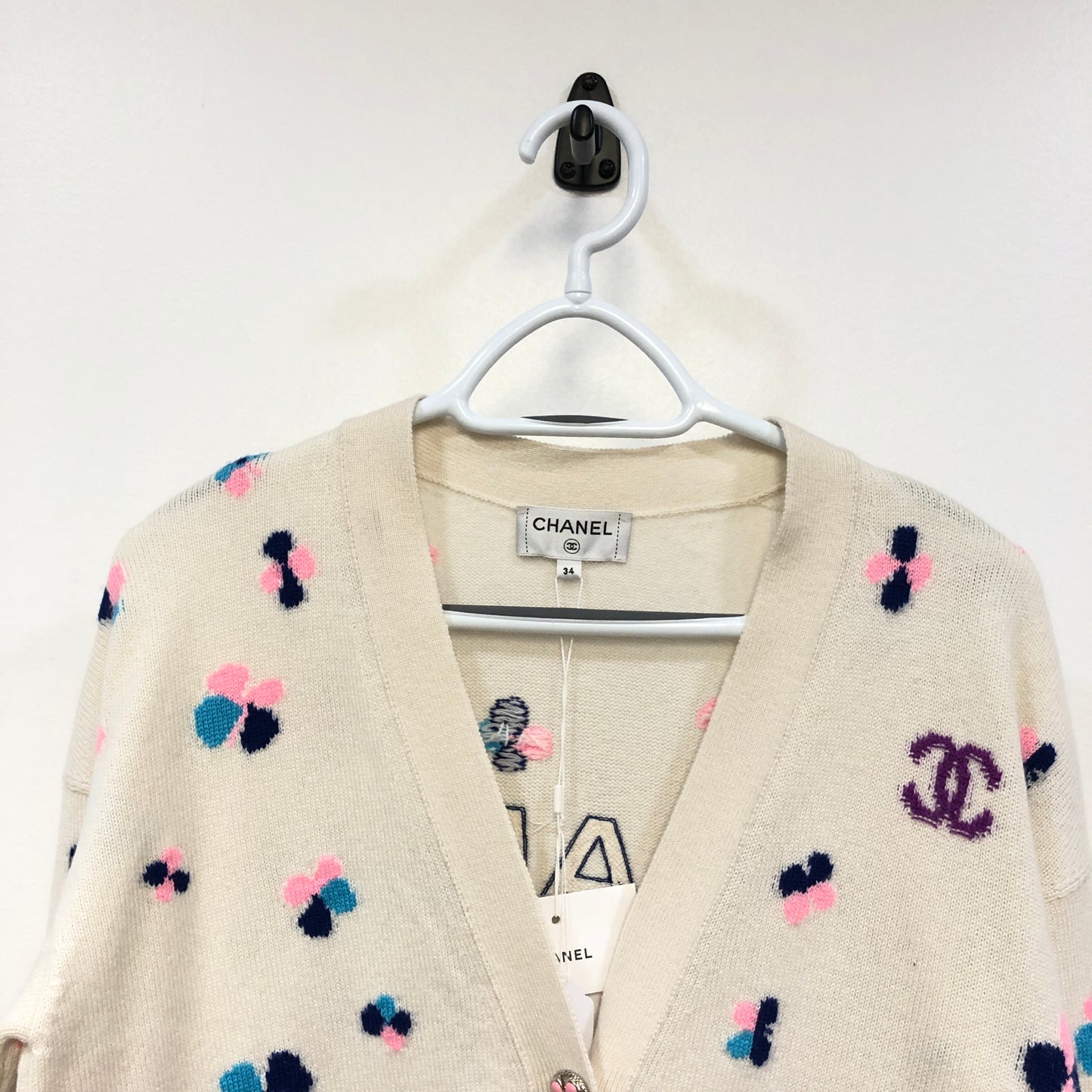 Chanel White Cashmere V-Neck Cardigan Multicolor Polka Dot Print Size 34