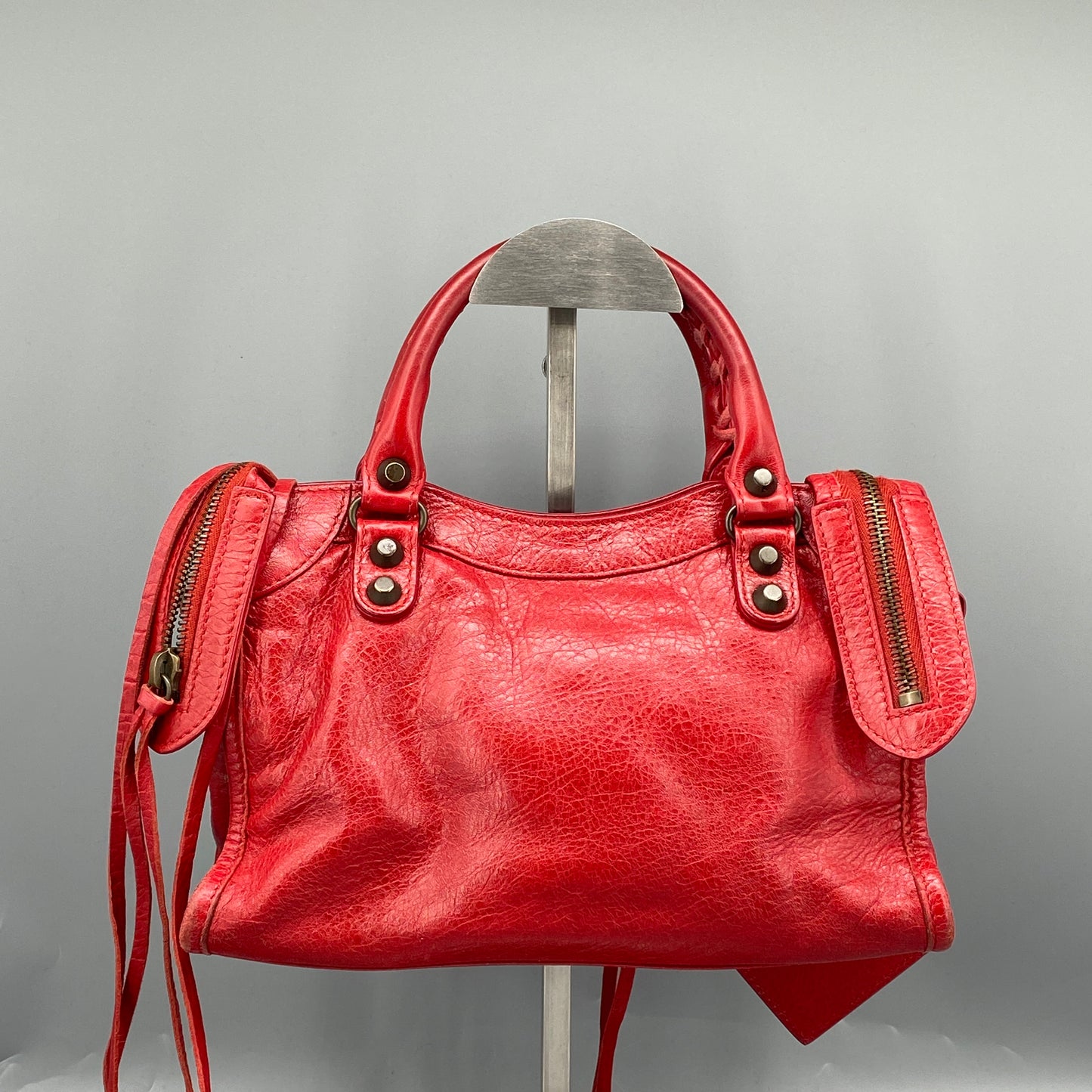 Balenciaga Red Lambskin Mini City Handbag