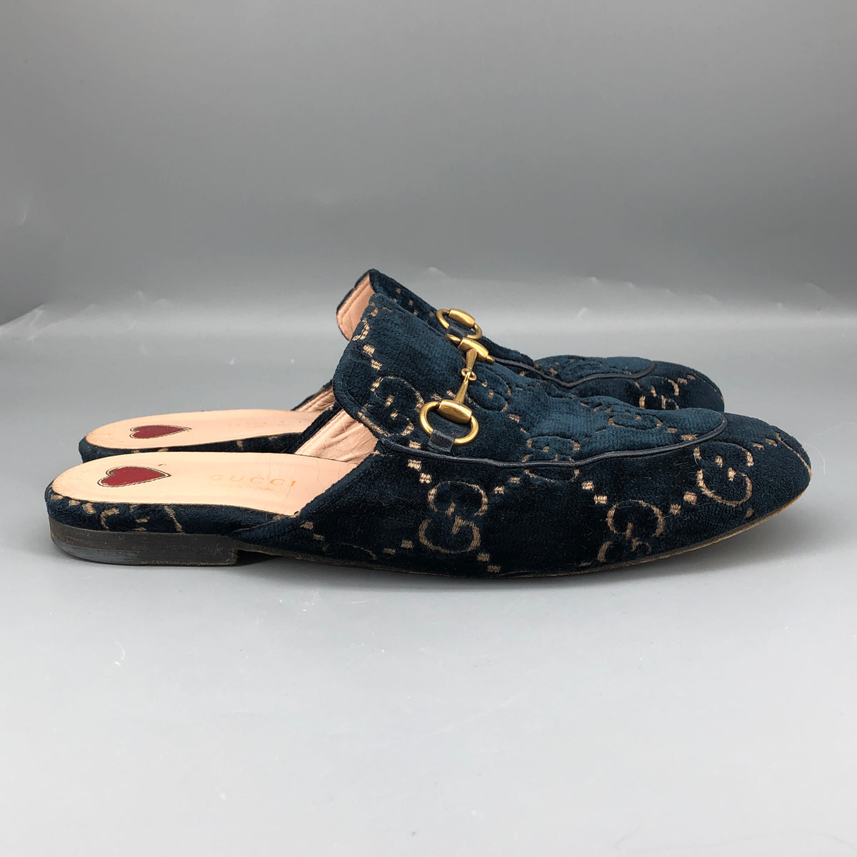 Gucci Navy Blue GG Velvet Women's Mules Shoes Size 38