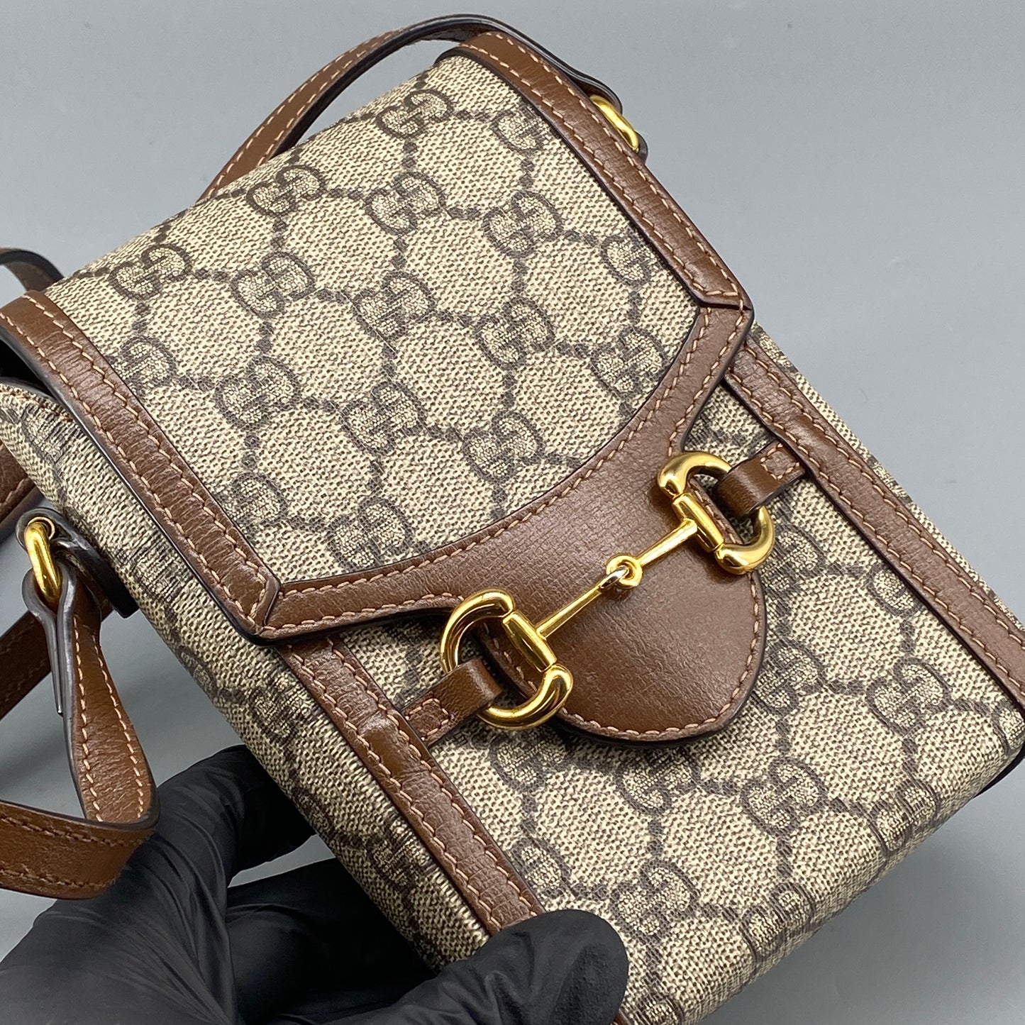 Gucci Beige GG Canvas Horsebit Mini Phone Crossbody Bag