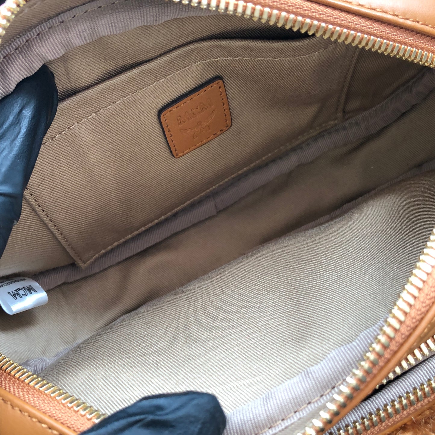 MCM Visetos Shearling Trim Oval Crossbody Camera Bag  Caramel