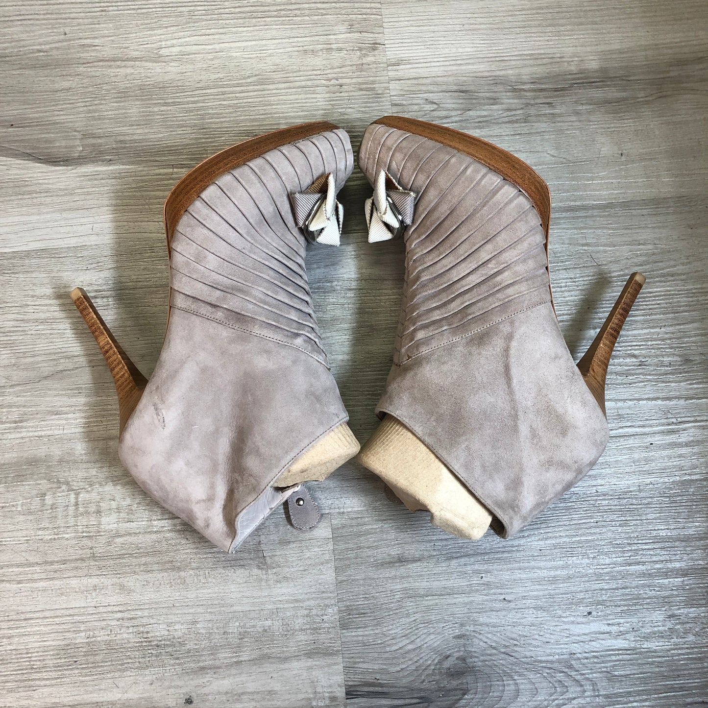 Salvatore Ferragamo Nude Suede Peep Toe Ankle Booties Size 6.5