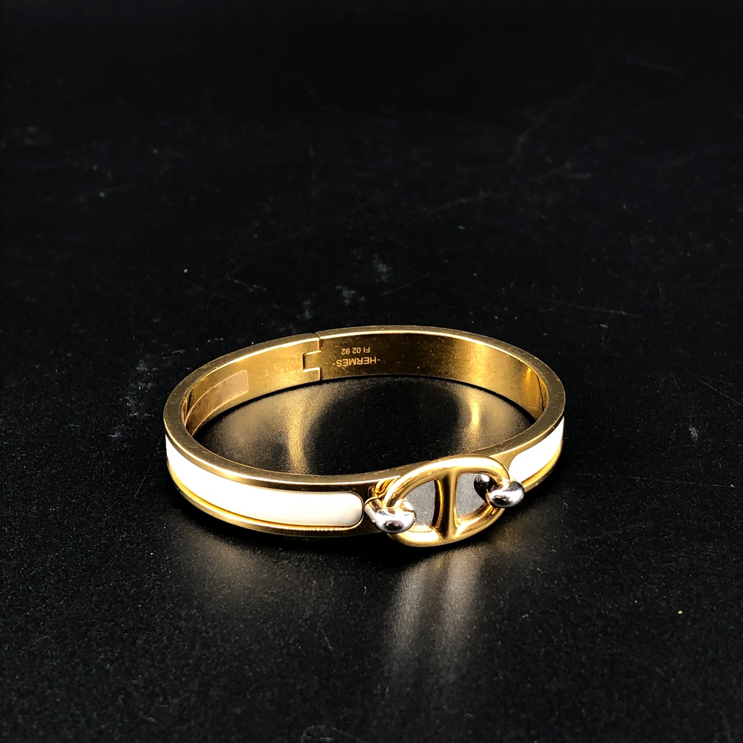 Hermes White Enamel Gold H Buckle Bangle Bracelet